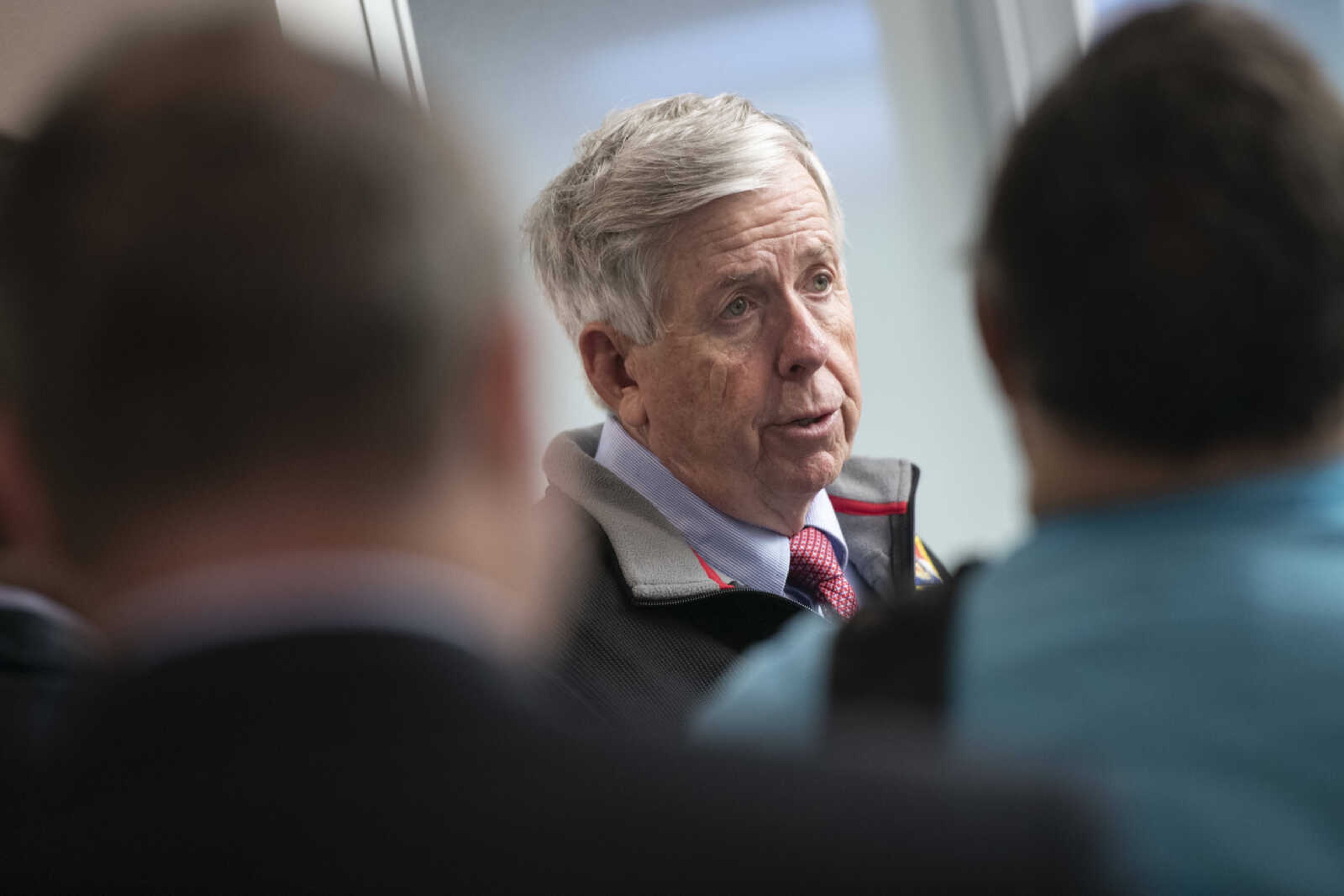 Missouri Gov. Mike Parson makes a visit Thursday, May 14, 2020, to the Cape Girardeau Police Department in Cape Girardeau.