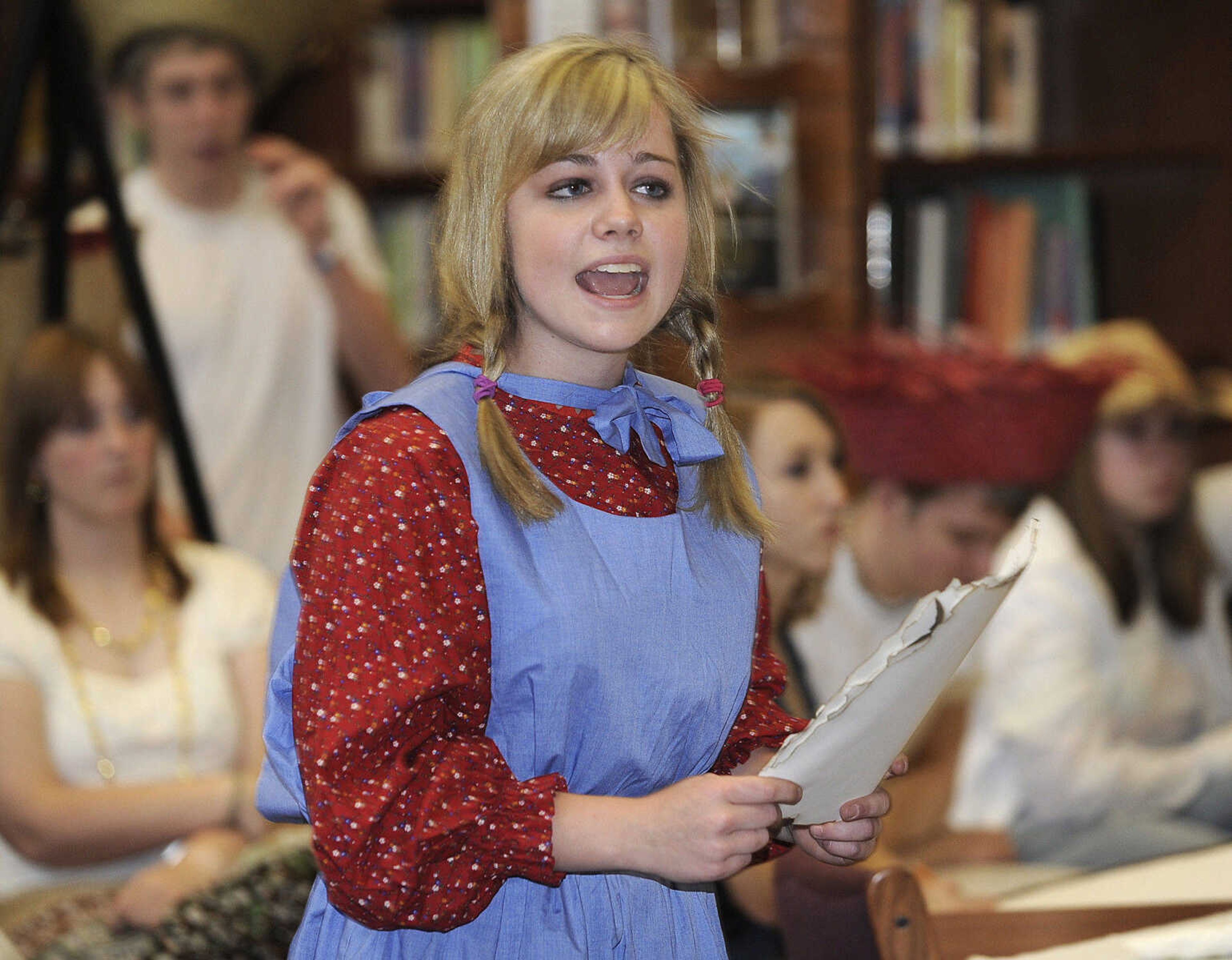 FRED LYNCH ~ flynch@semissourian.com
Becky Thatcher, portrayed by Lessley Dennington, presents Mark Twain's "The Celebrated Jumping Frog of Calaveras County" Tuesday at Central High School.