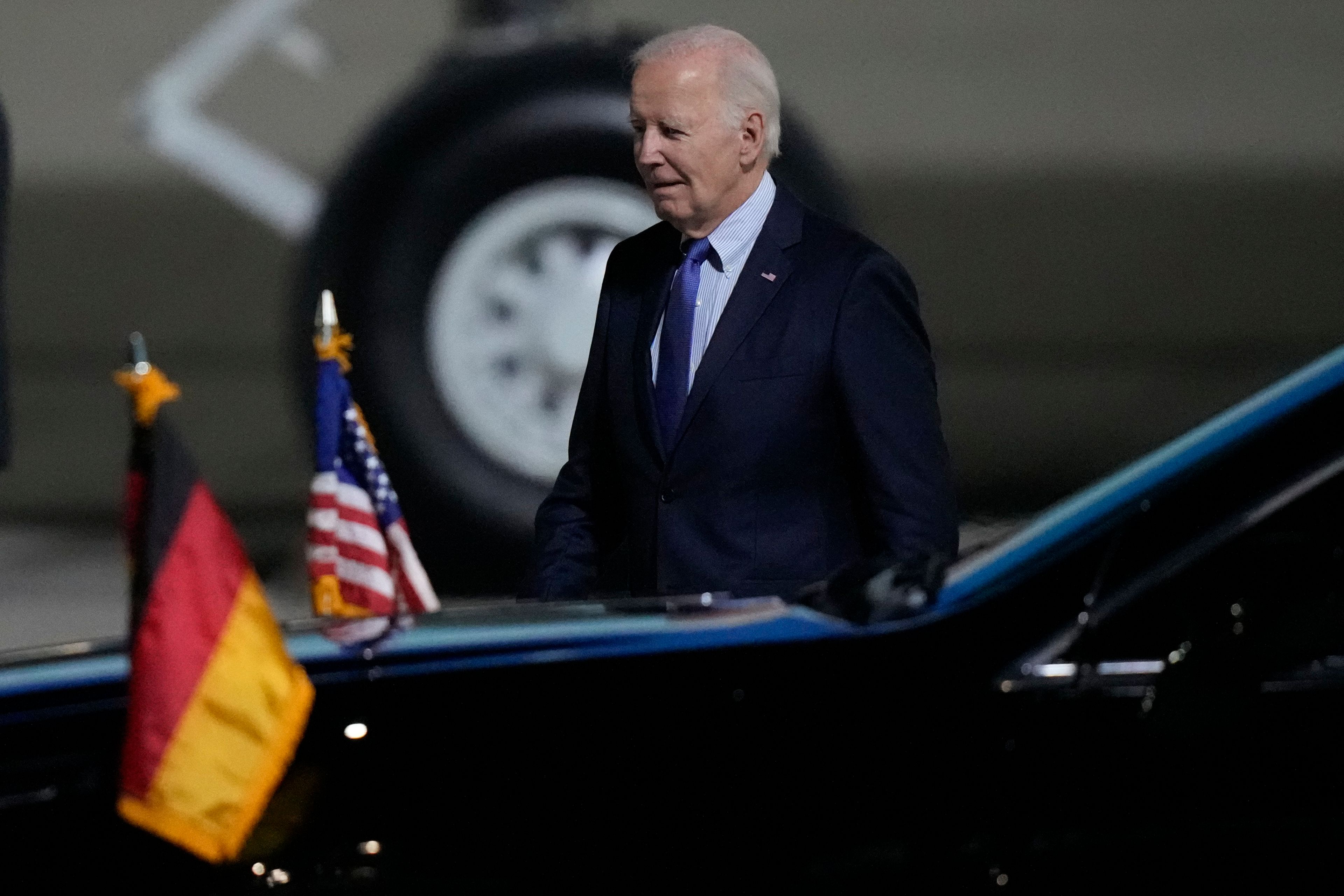 President Joe Biden arrives at Brandenburg Airport in Schoenefeld near Berlin, Germany, Thursday, Oct. 17, 2024. (AP Photo/Matthias Schrader)