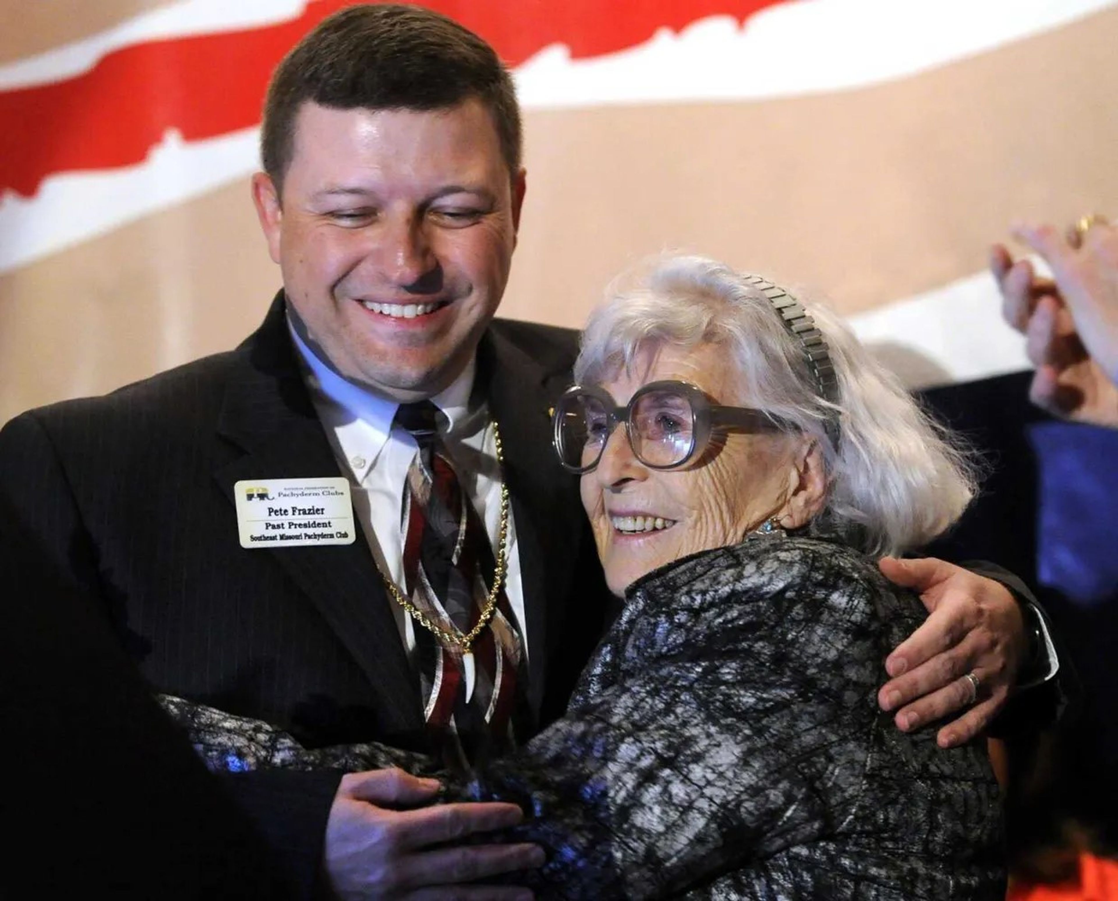 Mary Kasten, right, hugs Cape Girardeau County Auditor Pete Frazier at a Cape Girardeau County Lincoln Day event in 2013. Kasten, who died Saturday, Oct. 12, spent more than 35 years as a Cape Girardeau school board member and in the Missouri House of Representatives.