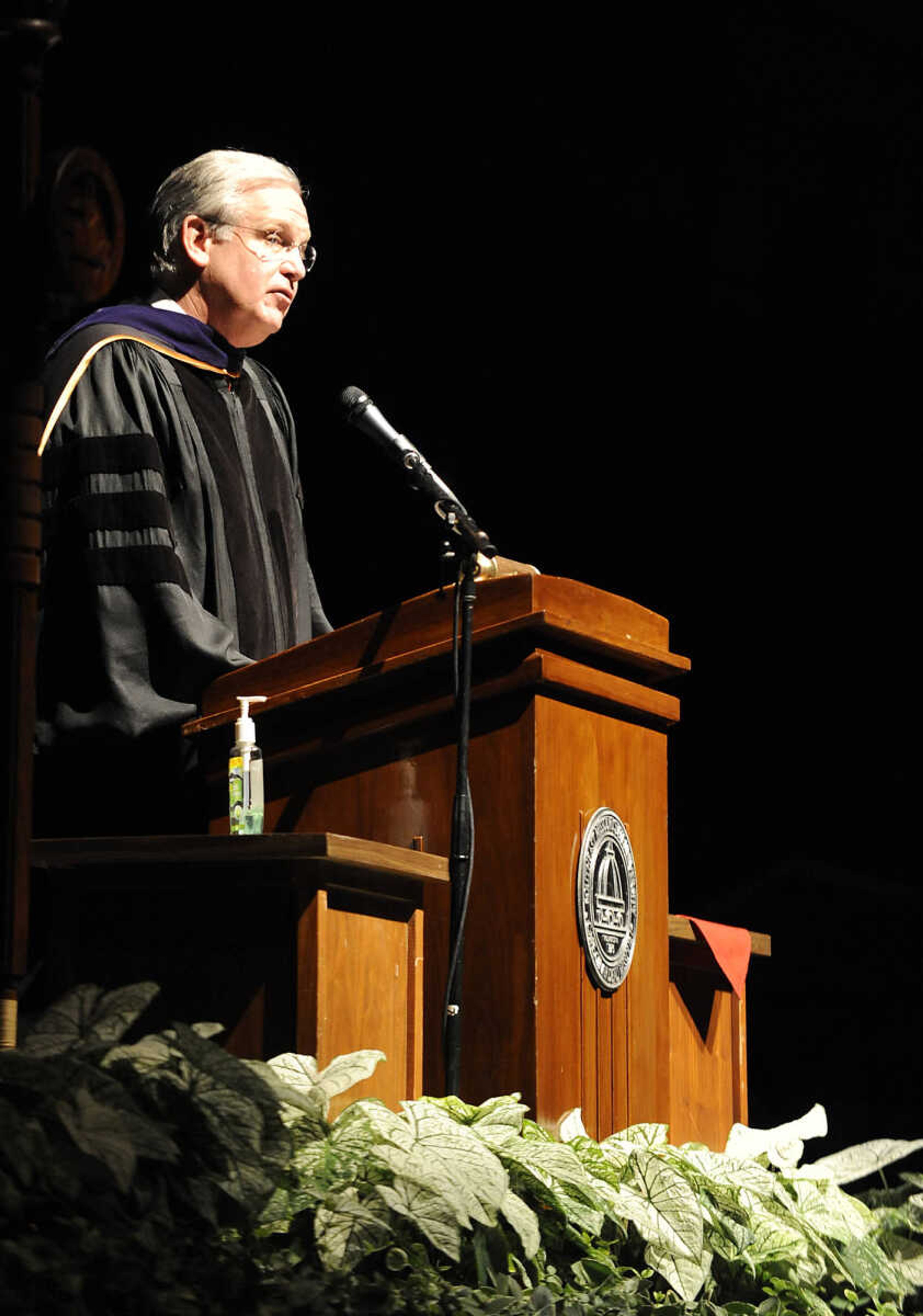 Gov. Jay Nixon gives the commencement address during Southeast Missouri State University's 2012 Spring Commencement Exercises Saturday, May 12, at the Show Me Center.