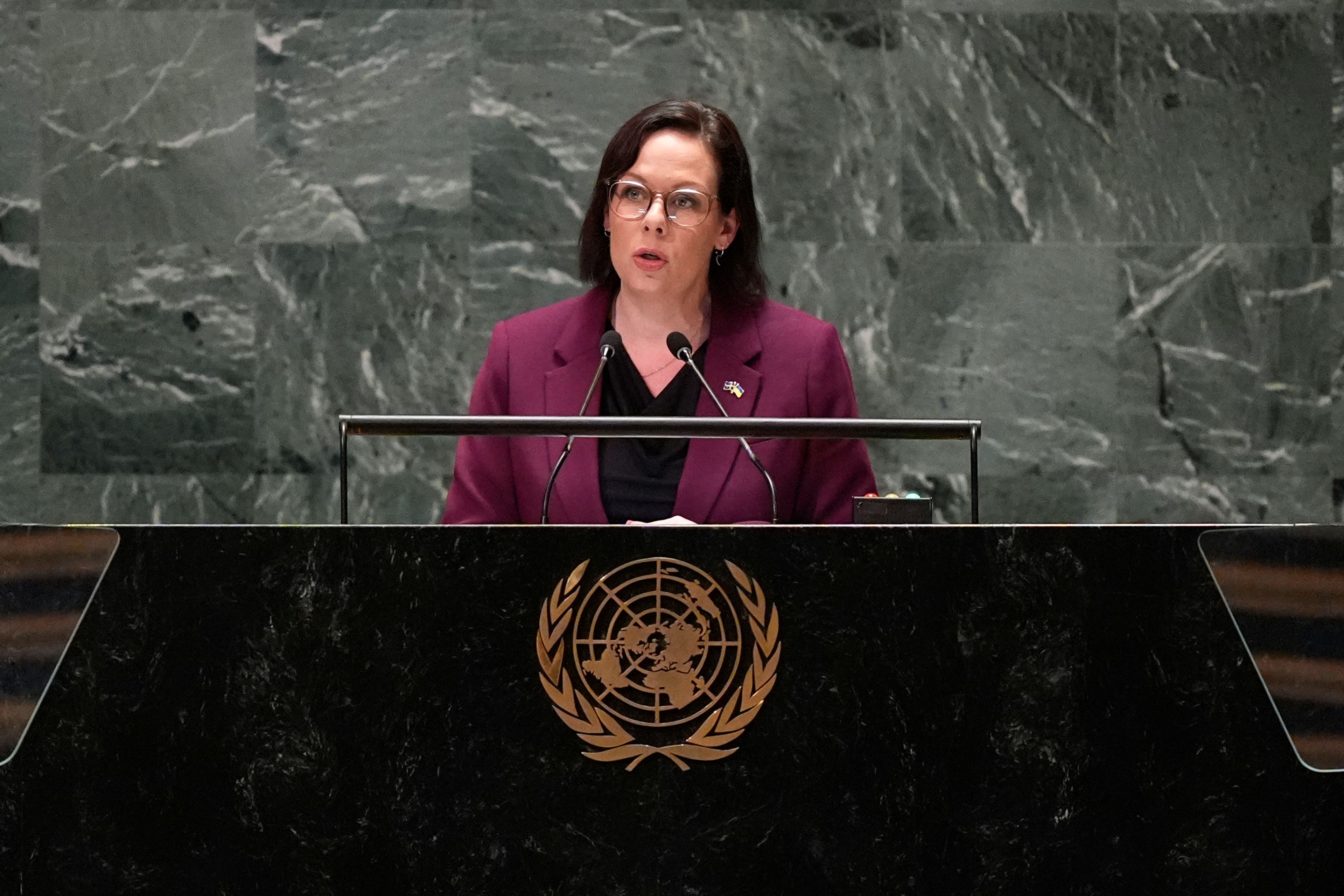 Sweden's Foreign Minister Maria Malmer Stenergard addresses the 79th session of the United Nations General Assembly, Thursday, Sept. 26, 2024. (AP Photo/Pamela Smith)