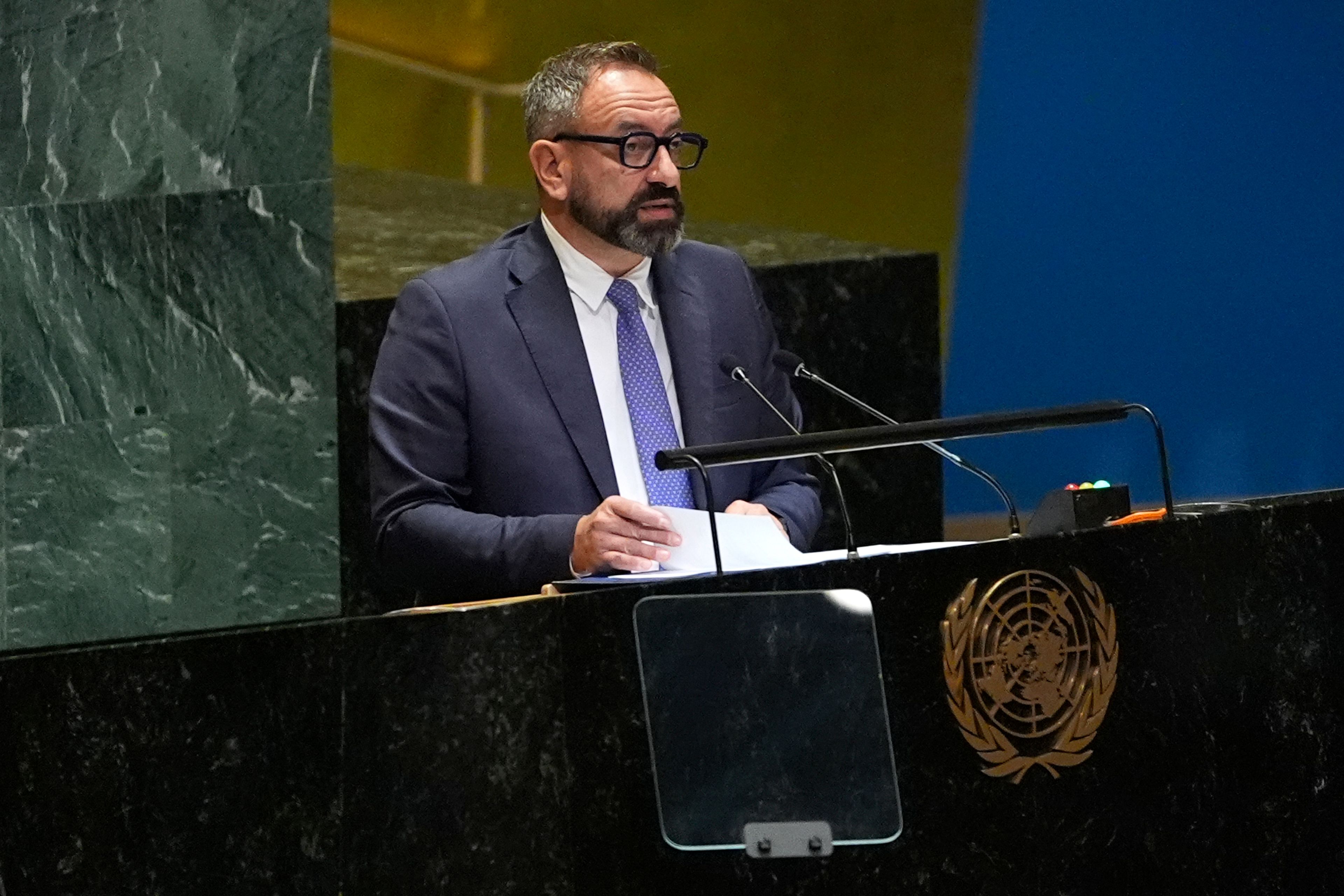 San Marino's Minister for Foreign Affairs Luca Beccari addresses the 79th session of the United Nations General Assembly, Saturday, Sept. 28, 2024. (AP Photo/Pamela Smith)