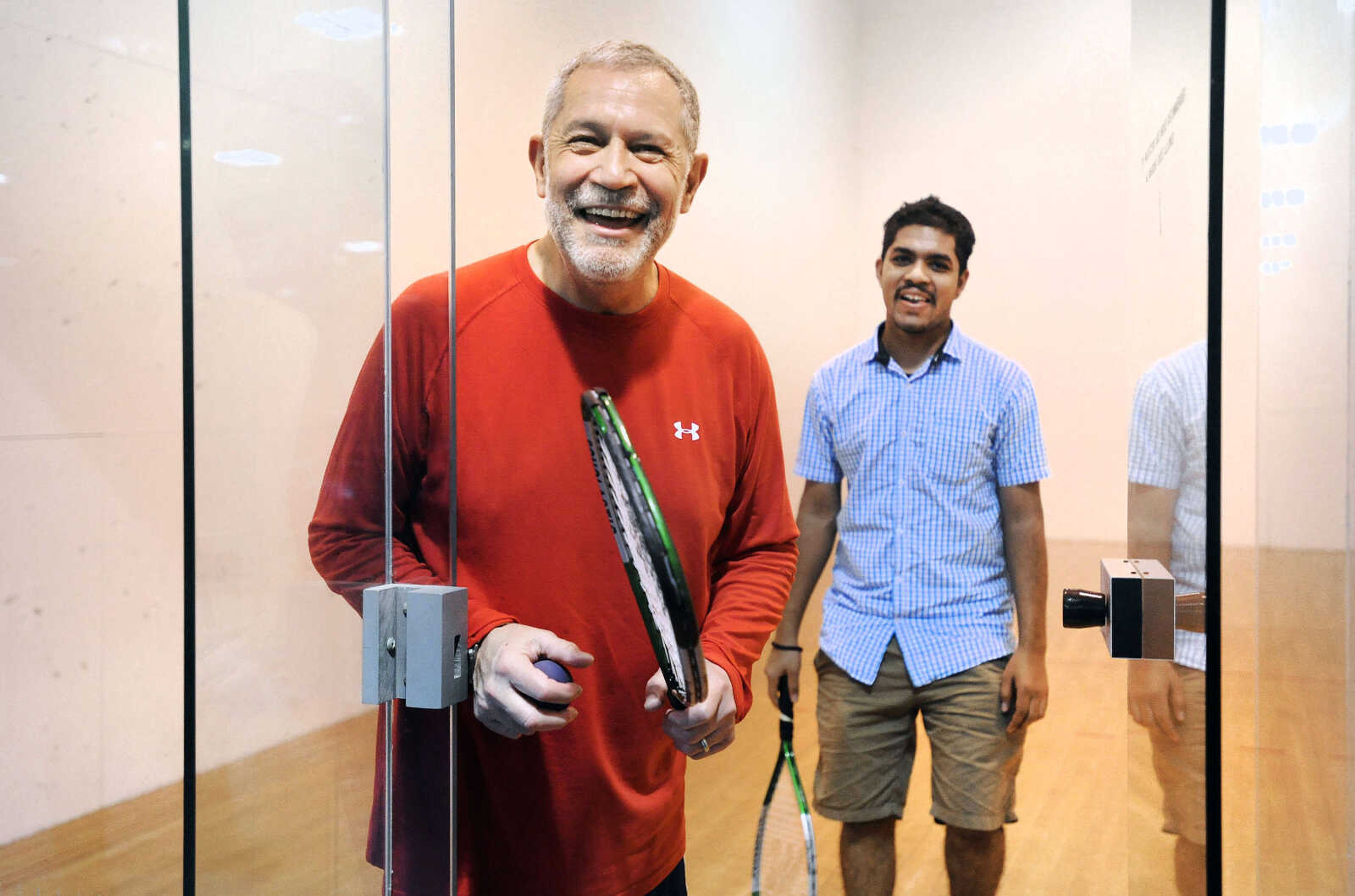 LAURA SIMON ~ lsimon@semissourian.com

Carlos Vargas-Aburto, president of Southeast Missouri State University, smiles after a game of racquetball with Southeast student Naveen Palthyan at the Student Recreation Center North on Saturday, March 12, 2016.