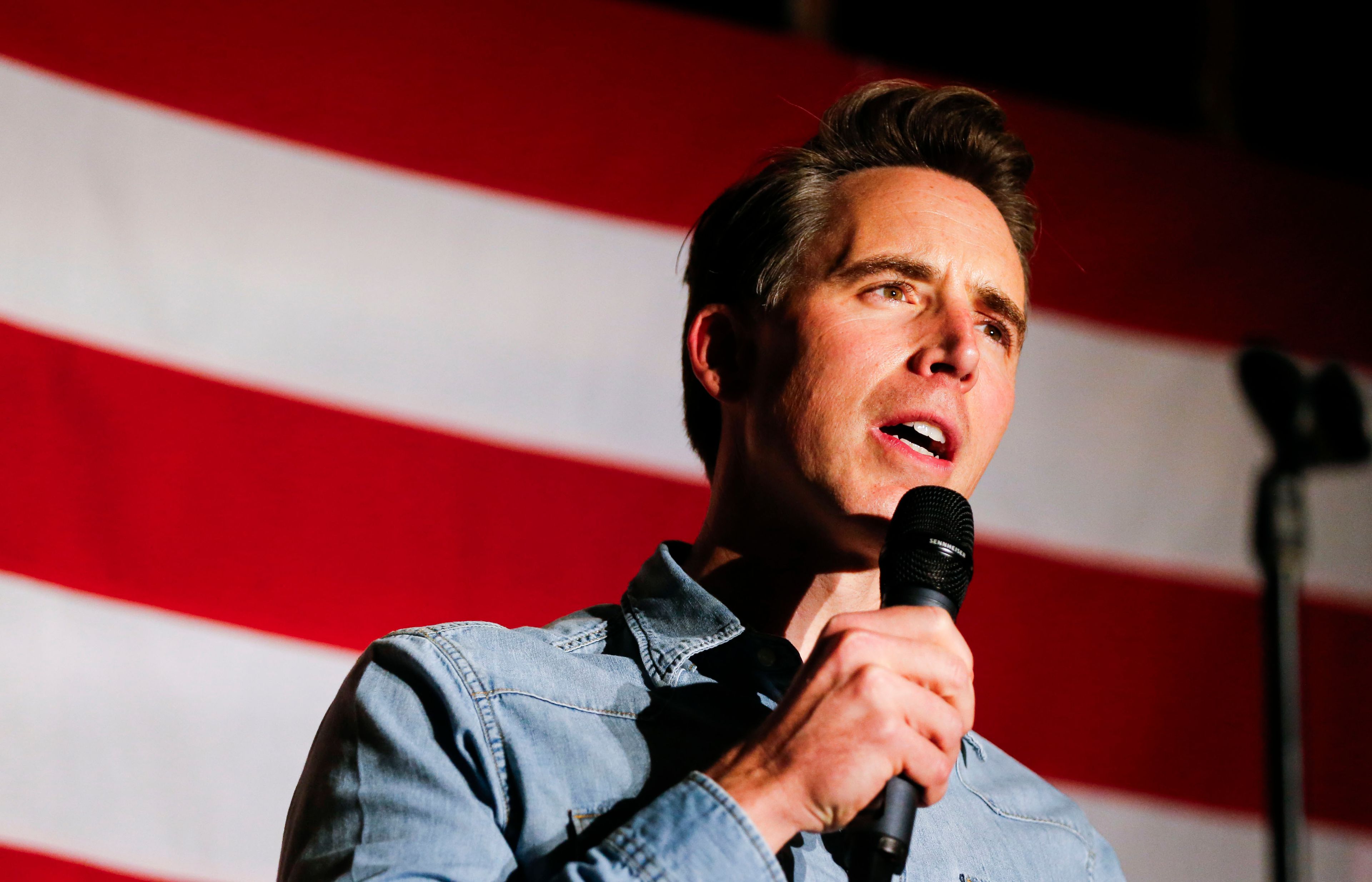 U.S. Sen. Josh Hawley, R-Mo. thanks supporters at an election watch party in Ozark, Mo., Tuesday, Nov. 5, 2024. (Nathan Papes/The Springfield News-Leader via AP)