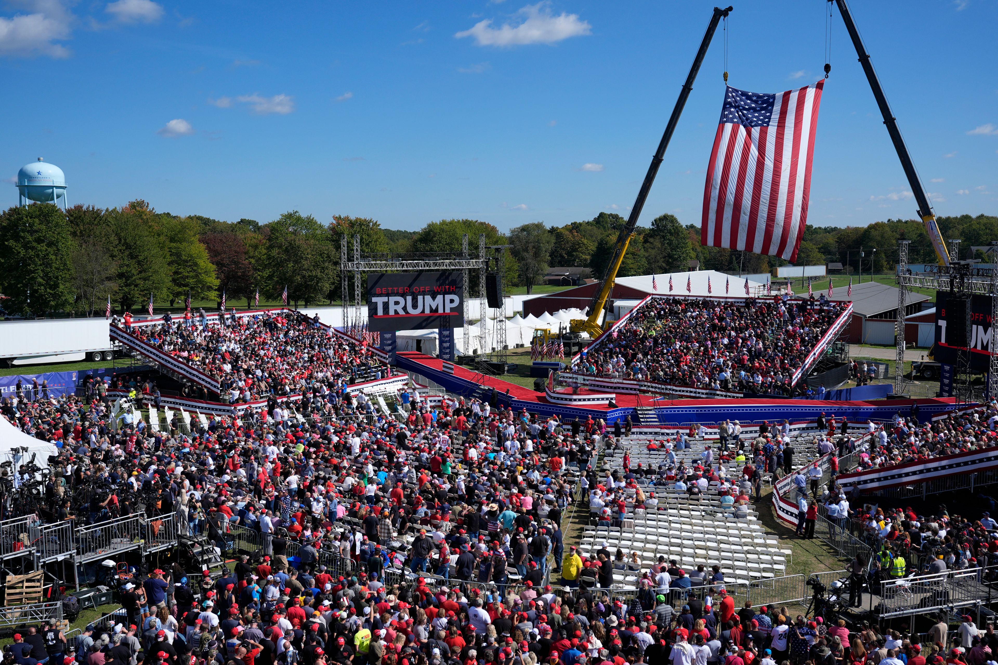 Supporters arrive before Republican presidential nominee former President Donald Trump speaks at a campaign event at the Butler Farm Show, Saturday, Oct. 5, 2024, in Butler, Pa. (AP Photo/Alex Brandon)