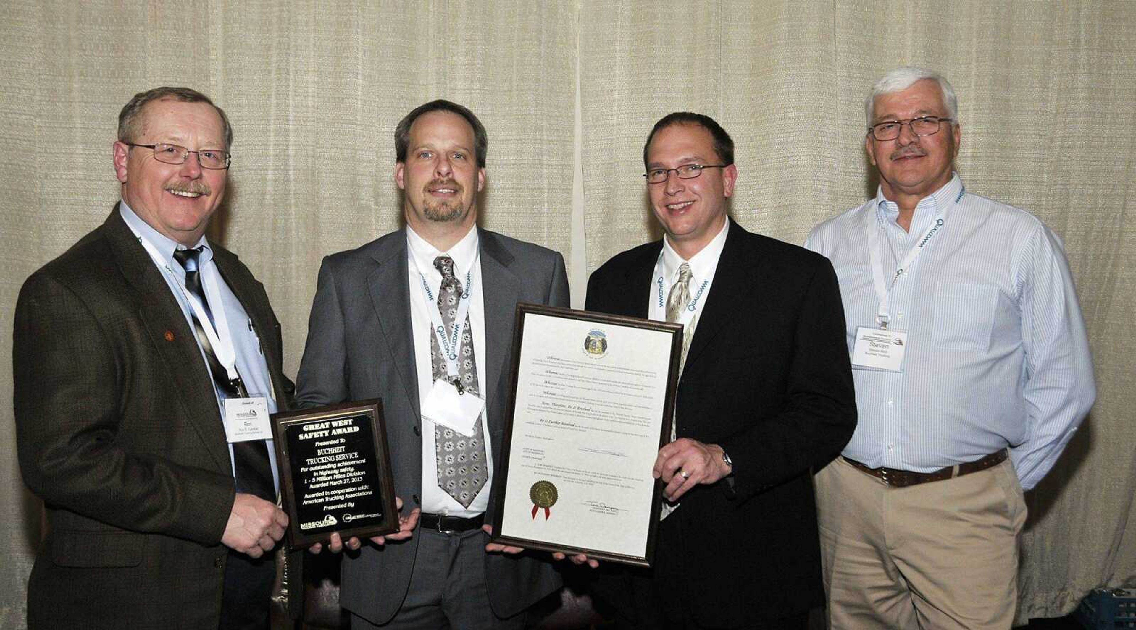 Buchheit Trucking Service of Scott City, won Safe Driver Awards from the Missouri Trucking Association at the spring safety conference. Presenting are company president Ron Gjerstad, safety and recruiting manager Bruce Aden, operations manager Jeff Buchheit and maintenance manager Steve Moll.