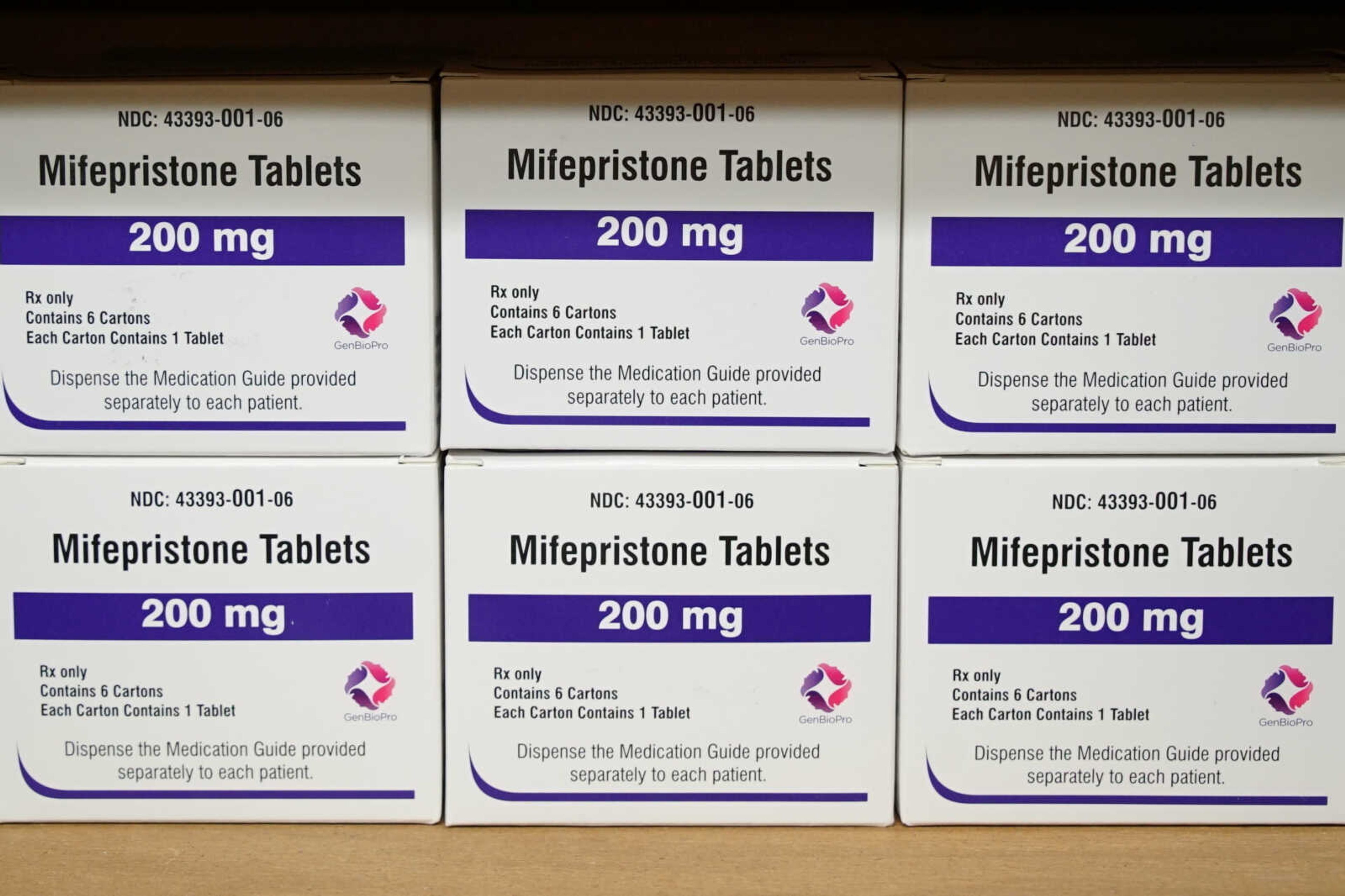 Boxes of the drug mifepristone sit on a shelf March 16, 2022, at West Alabama Women's Center in Tuscaloosa, Alabama. Health and Human Services Secretary Xavier Becerra on Sunday stressed that women for now continue to have access to the abortion medication mifepristone after the Texas judge stayed his ruling for a week so federal authorities could file a challenge. The drug was approved by the FDA in 2000.