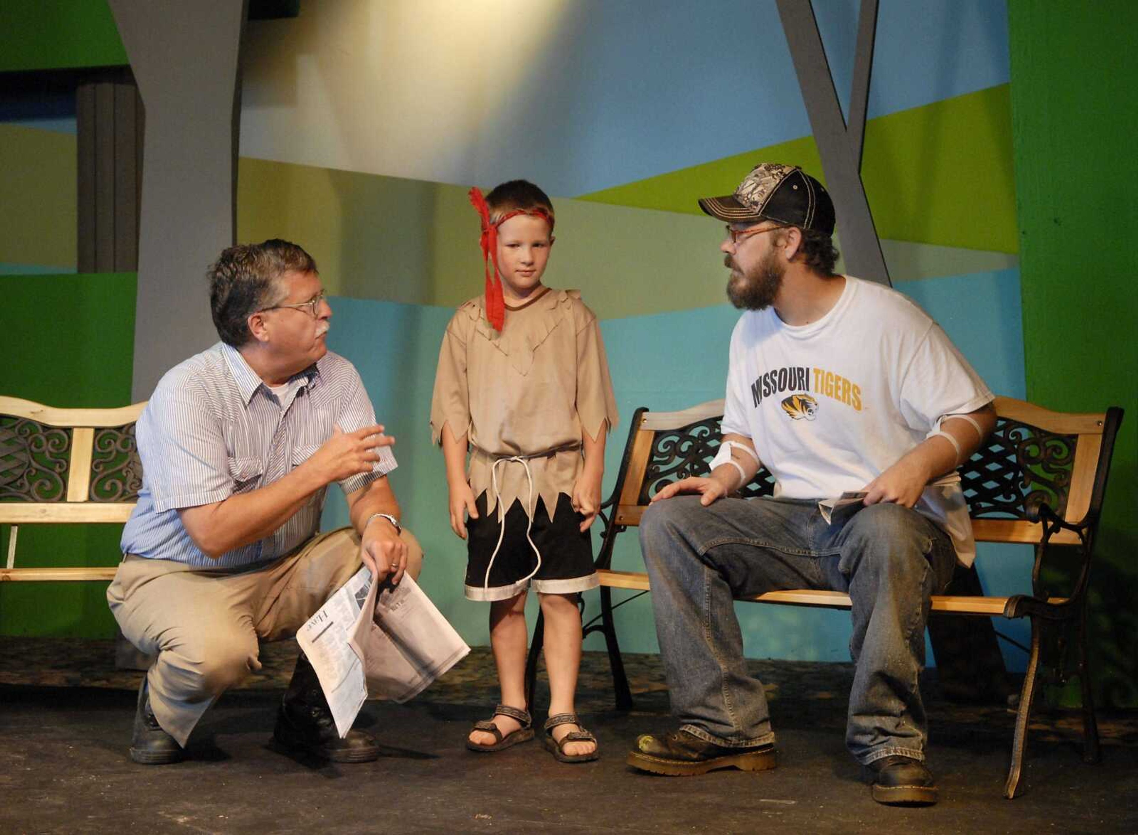 From left, Mike Craig as Sam, Tanner Smith as Red Chief and Aaron Allen as Bill rehearse a scene Tuesday for the River City Players' performance of "The Ransom of Red Chief" at Port Cape Girardeau. (KRISTIN EBERTS ~ kebertssemissourian.com)