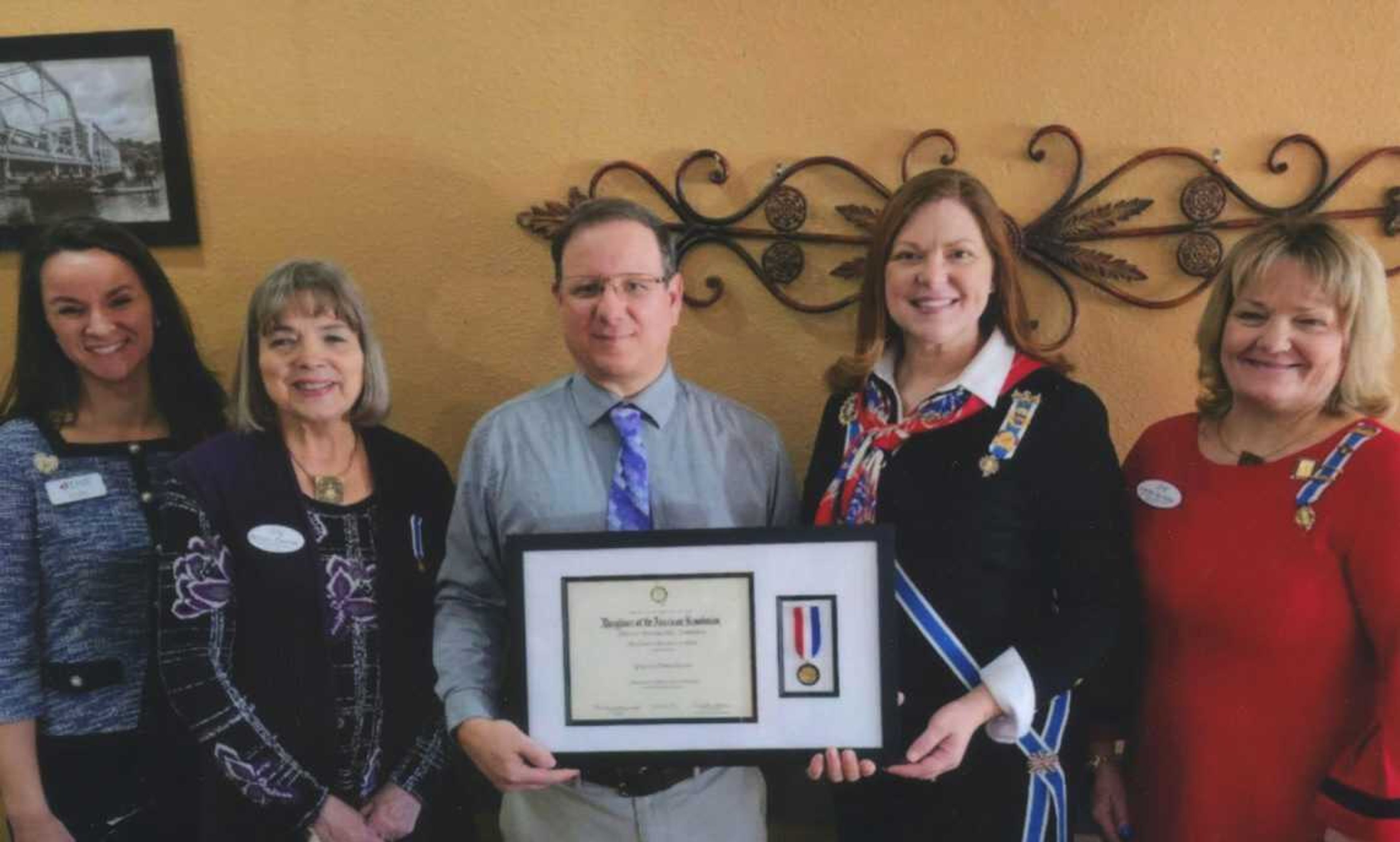 Pictrured from left are Robin Blair, John Guild Chapter vice regent; Nora Zimmer, MSSDAR State Historic Preservation Chair; Greg Kester; Renee Pace, MSSDAR State Regent; and Linda Venable, John Guild Chapter Regent.