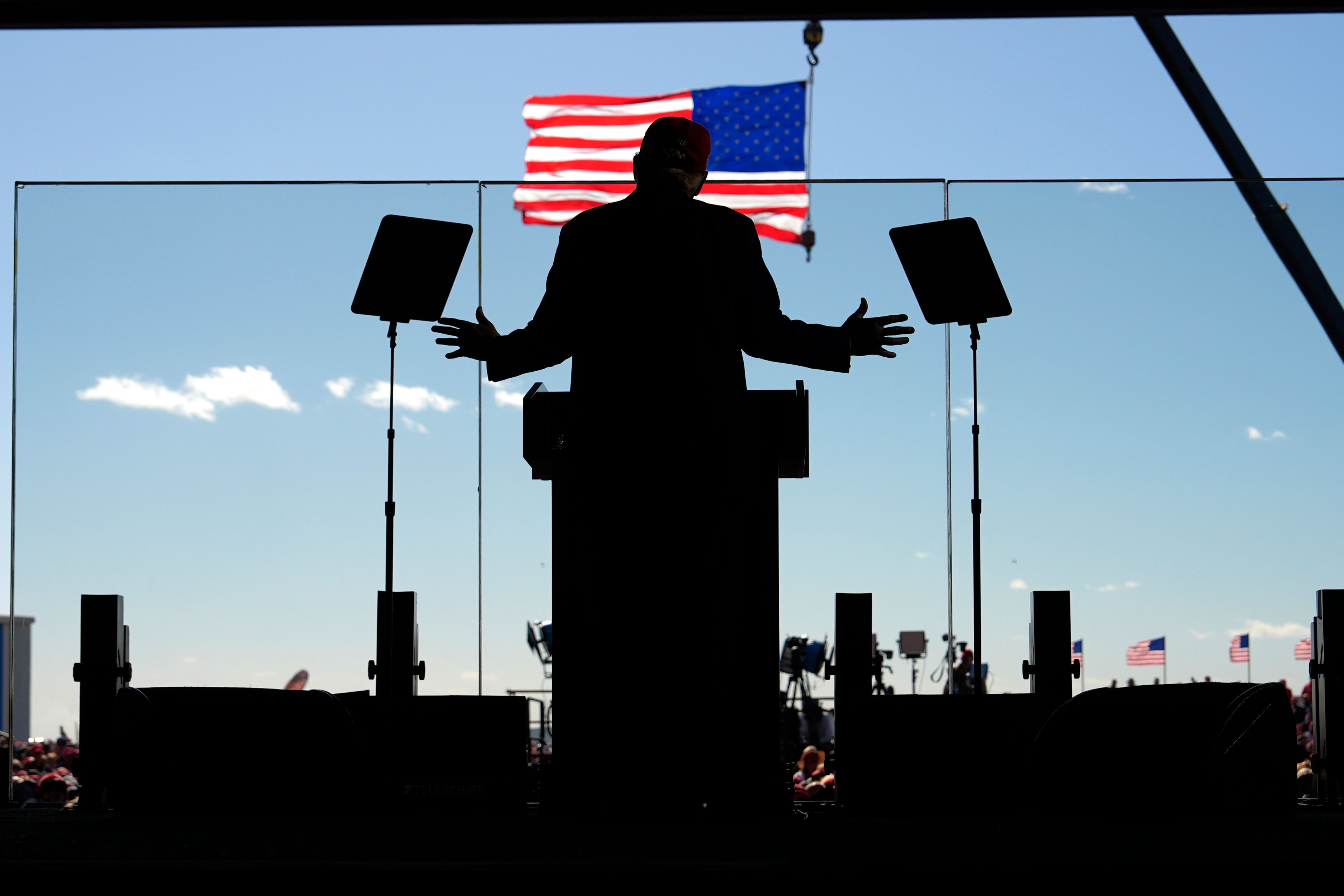 Republican presidential nominee former President Donald Trump speaks during a campaign rally at Dodge County Airport, Sunday, Oct. 6, 2024, in Juneau, Wis. (AP Photo/Julia Demaree Nikhinson)