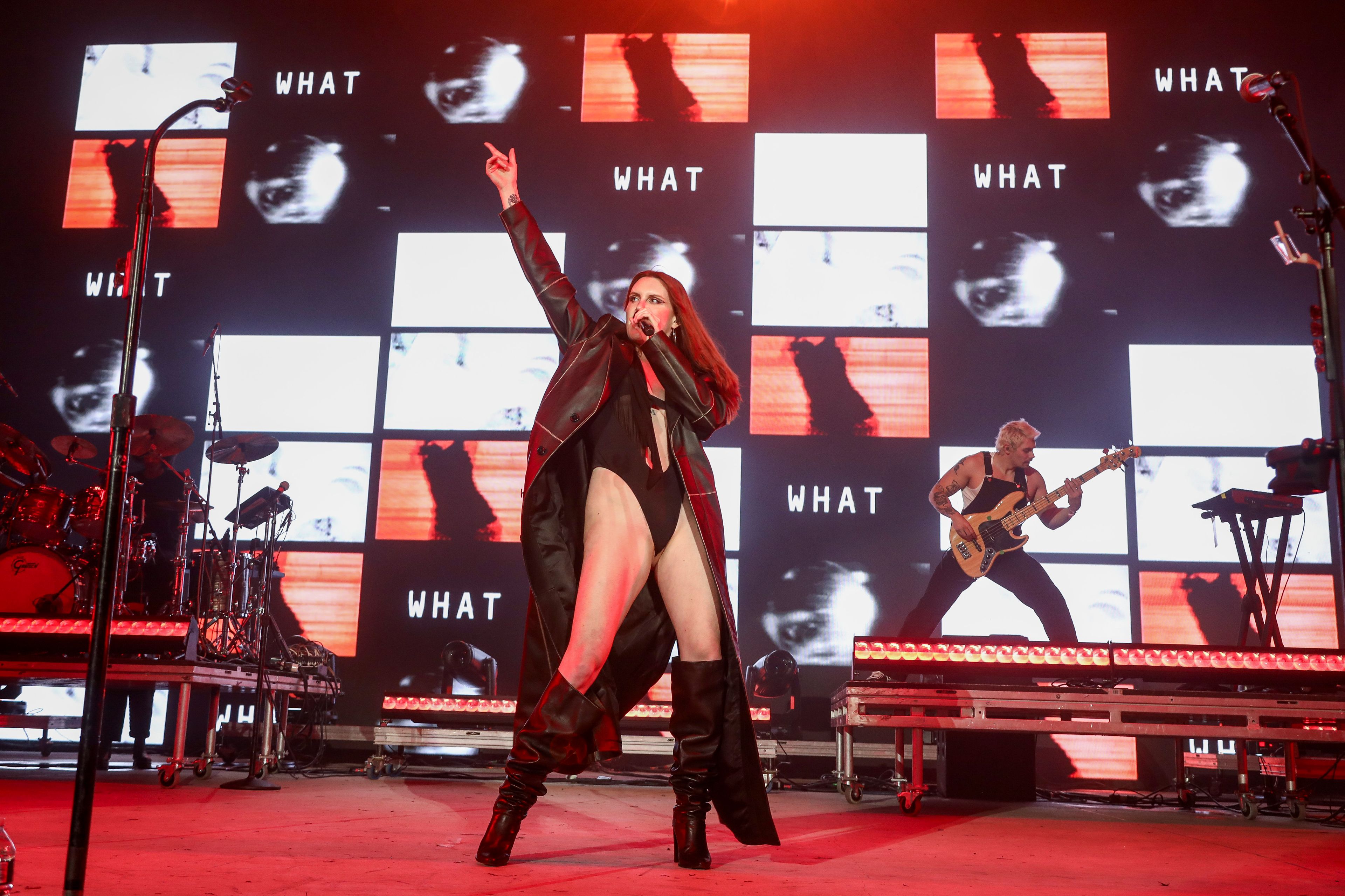 Singer Katie Gavin from the band Muna performs during the All Things Go Music Festival on Saturday, Sept. 28, 2024, at Forest Hills Stadium in Forest Hills, N.Y. (Photo by Andy Kropa/Invision/AP)