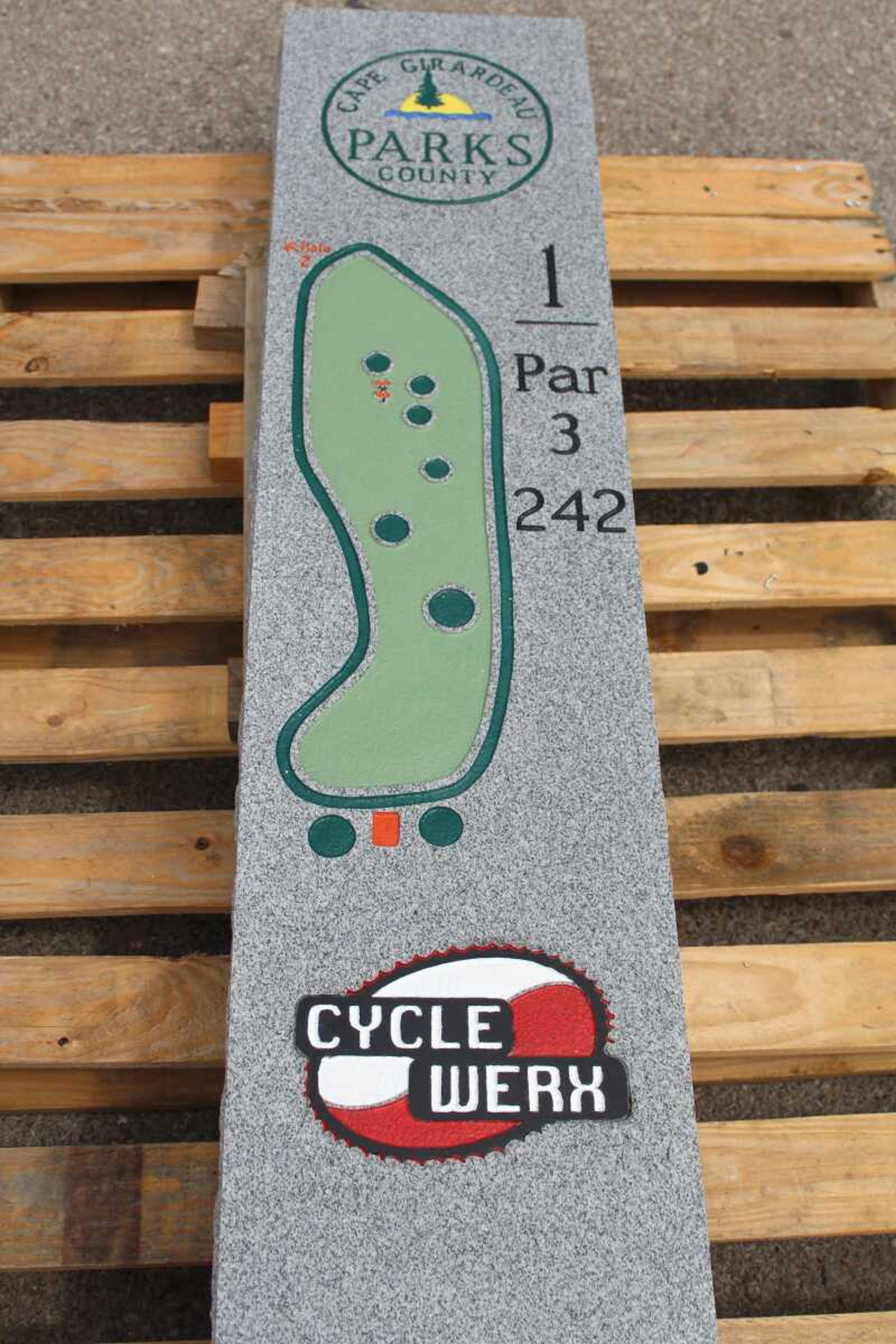 One of the sponsored markers for the disc golf course at Cape County Park North. (Submitted photo)