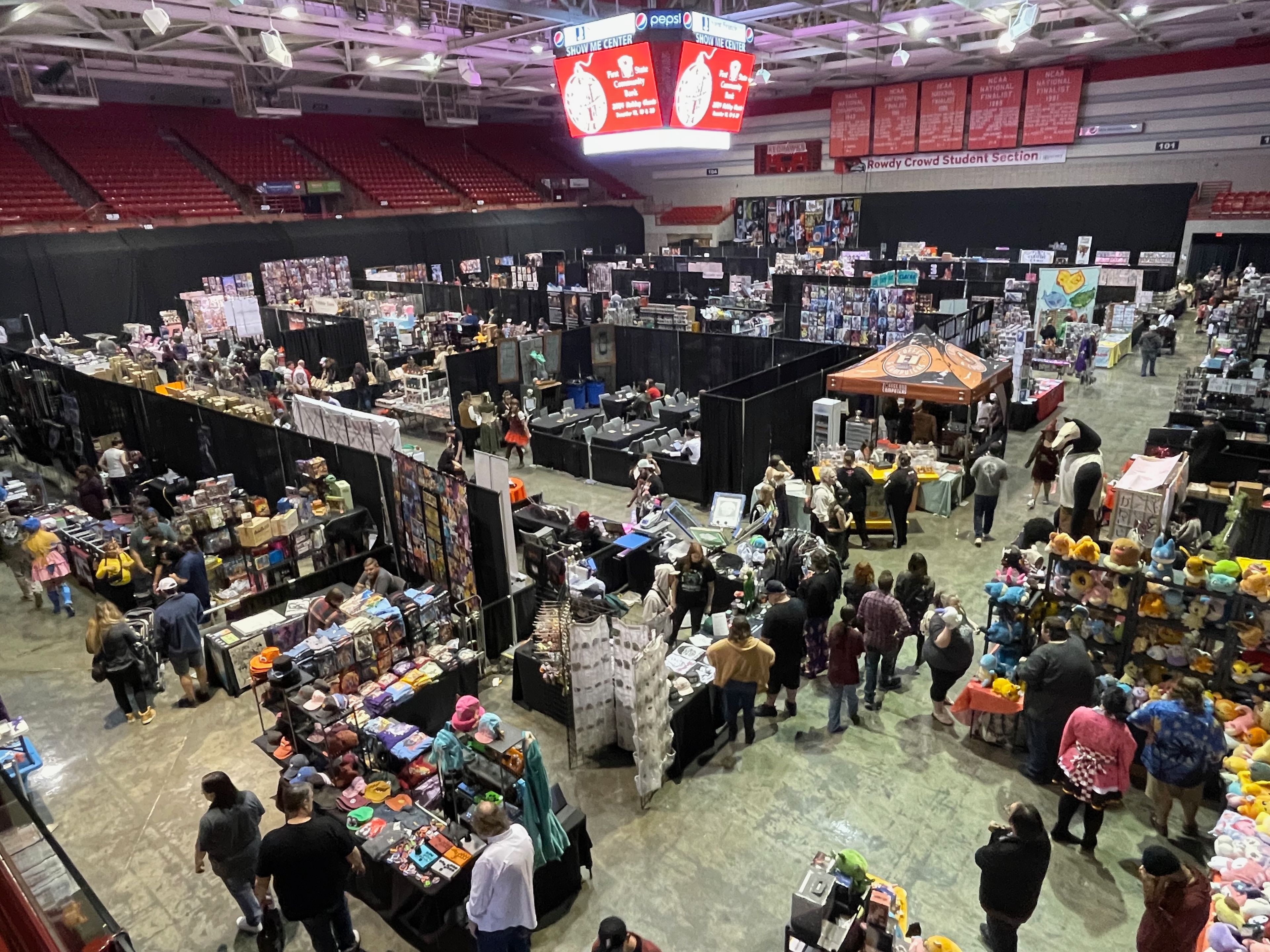 A view of the main floor of Cape Comic Con 2024 from a balcony.