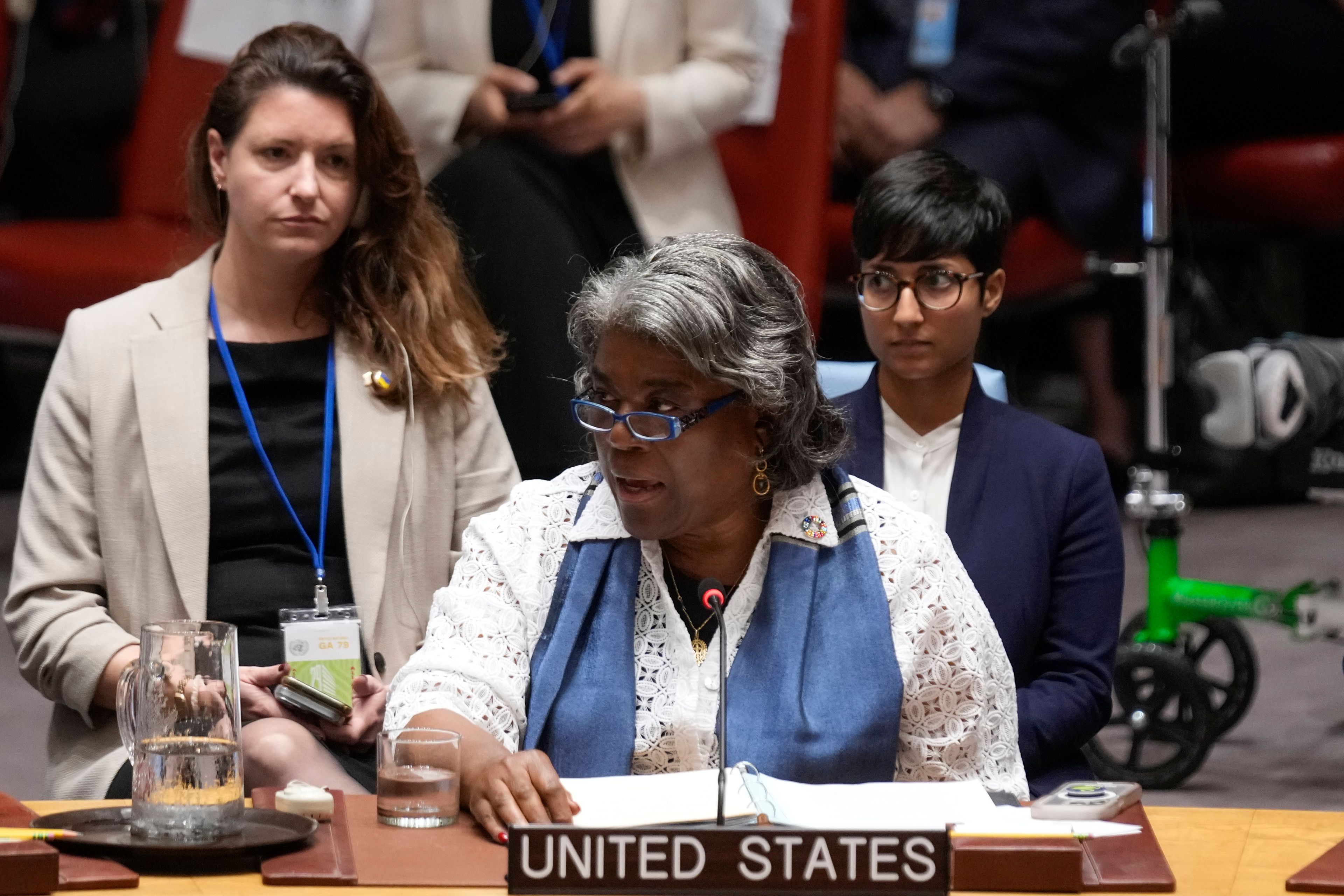 Linda Thomas-Greenfield, United States Ambassador to the United Nations, speaks during a Security Council meeting at United Nations headquarters, Wednesday, Sept. 25, 2024. (AP Photo/Seth Wenig)