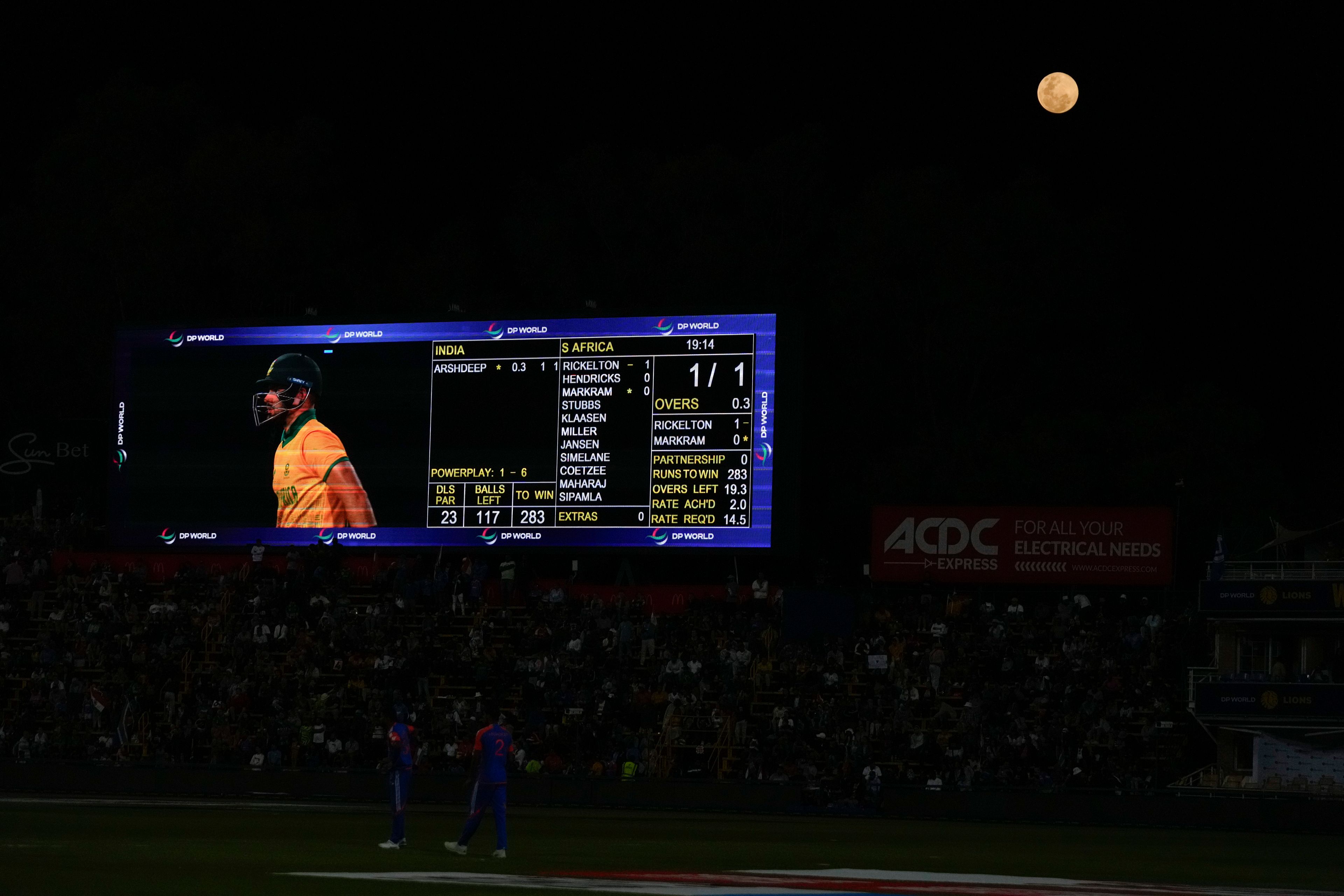 The supermoon rises over the Wanderers Stadium during the fourth T20 cricket match between South Africa and India in Johannesburg, South Africa, Friday, Nov. 15, 2024. (AP Photo/Themba Hadebe)