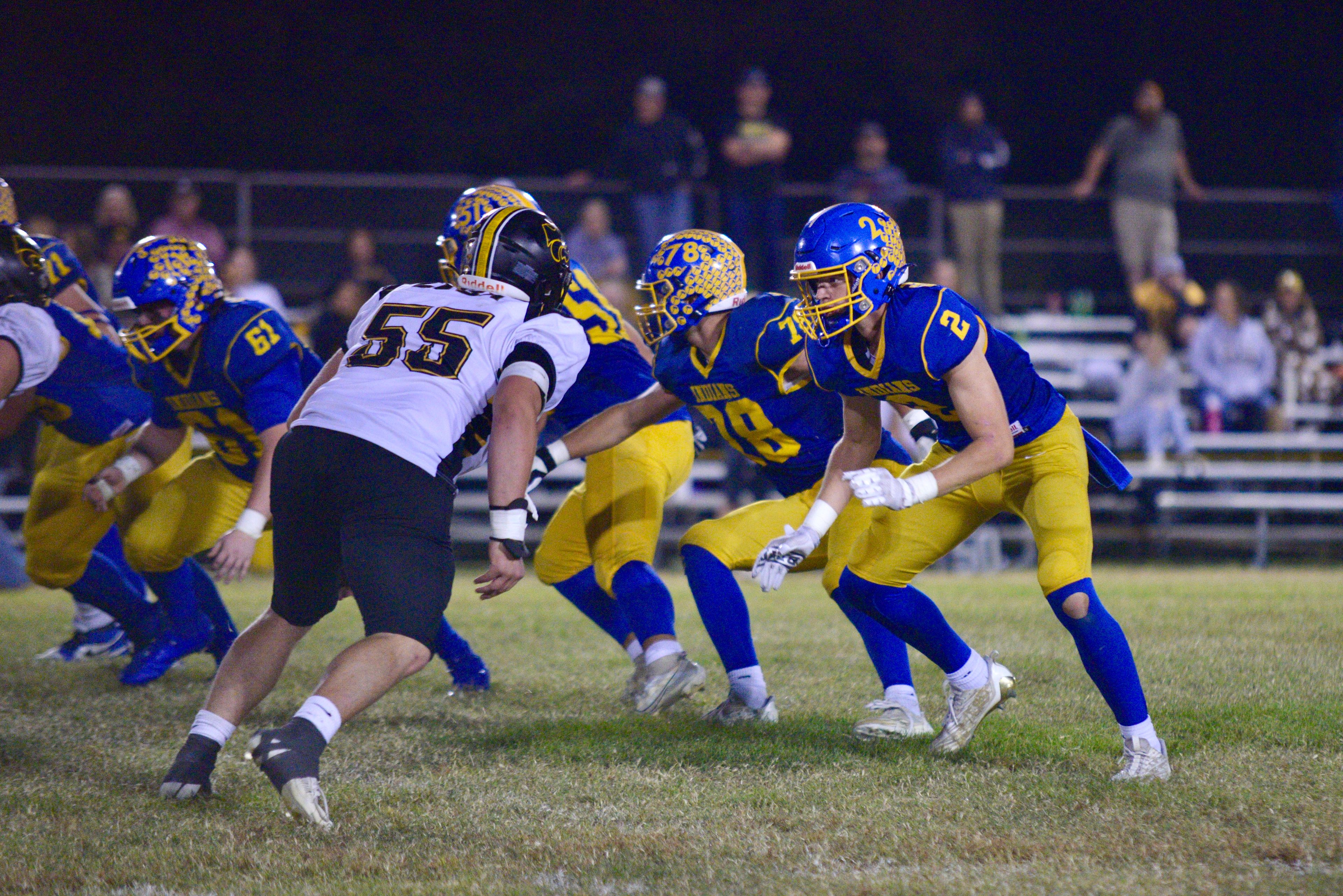 St. Vincent’s Jacob Seabaugh and James Unterreiner prepares to block Cuba defenders on Friday, Oct. 11, in Perryville. 