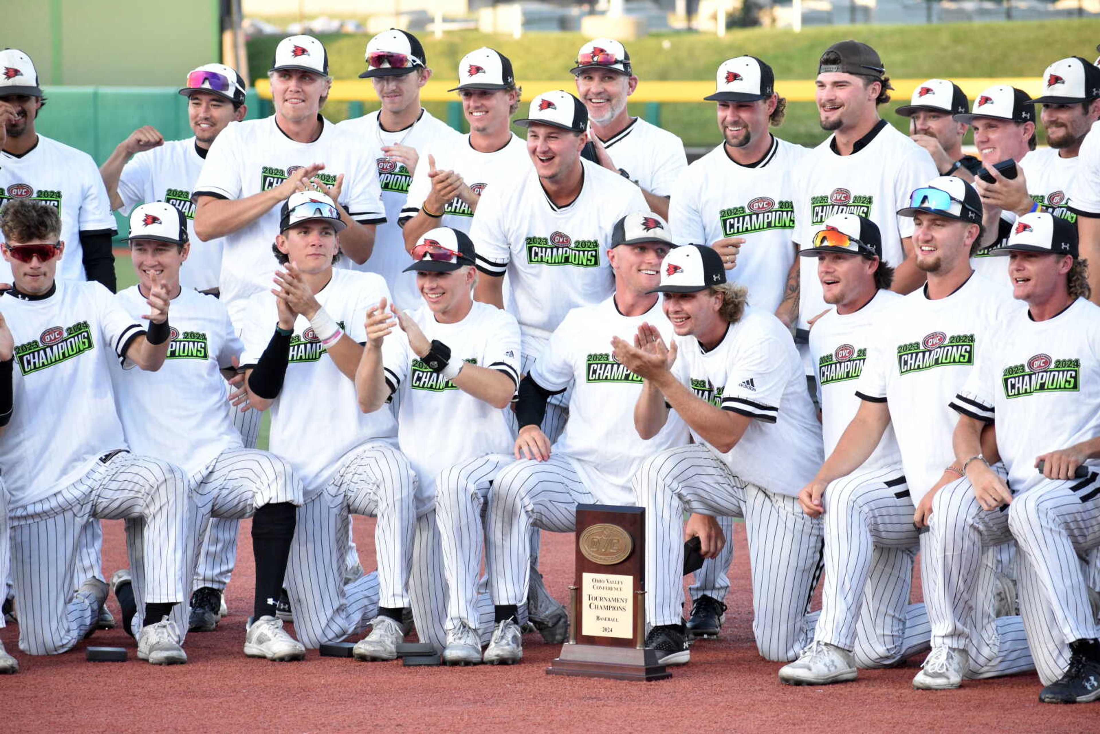 Southeast Missouri State baseball players celebrate winning the Ohio Valley Conference championship on May 25 in Marion, Illinois. 