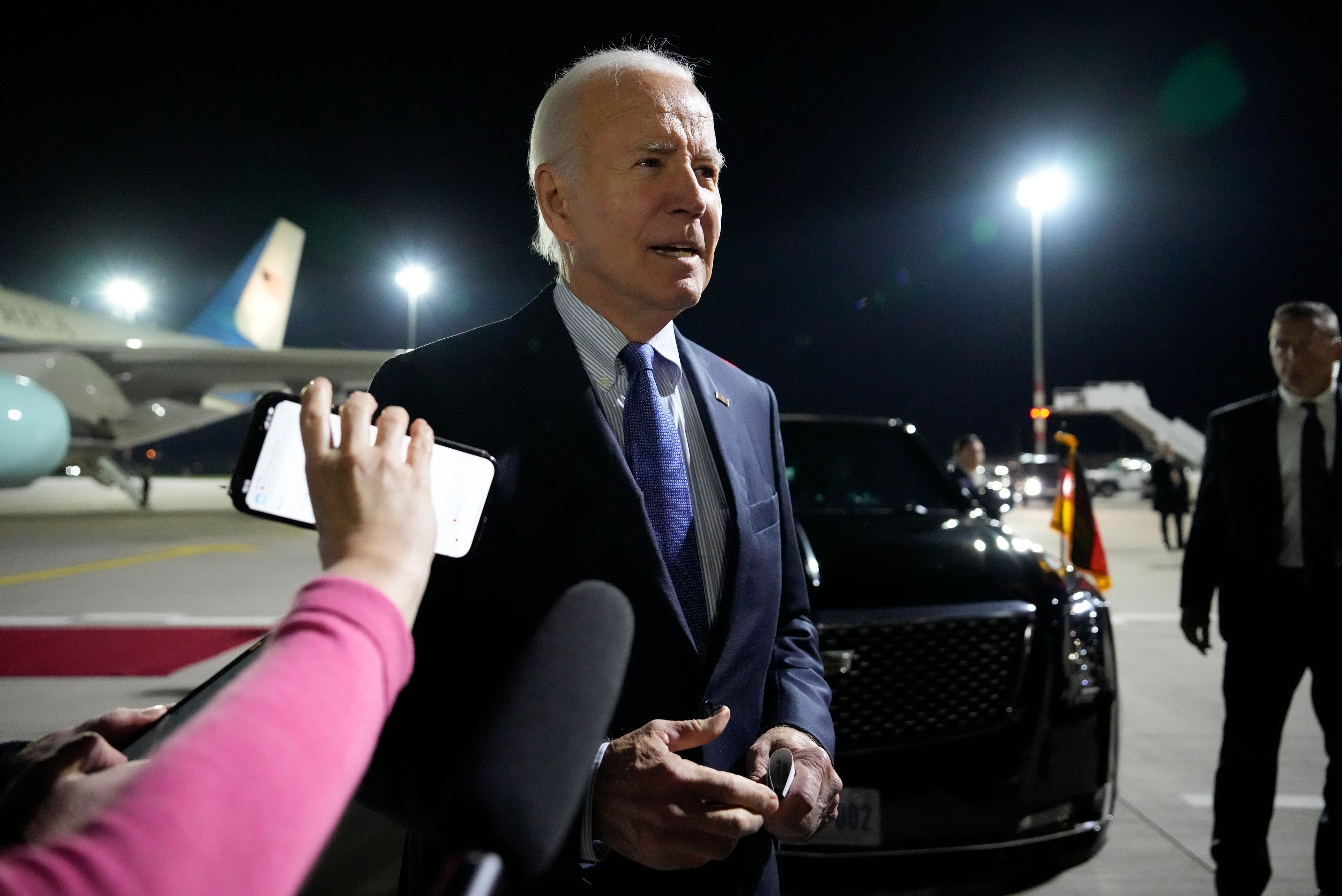 President Joe Biden speaks after arriving at Brandenburg Airport in Schoenefeld near Berlin, Germany, Thursday, Oct. 17, 2024. (AP Photo/Ben Curtis)