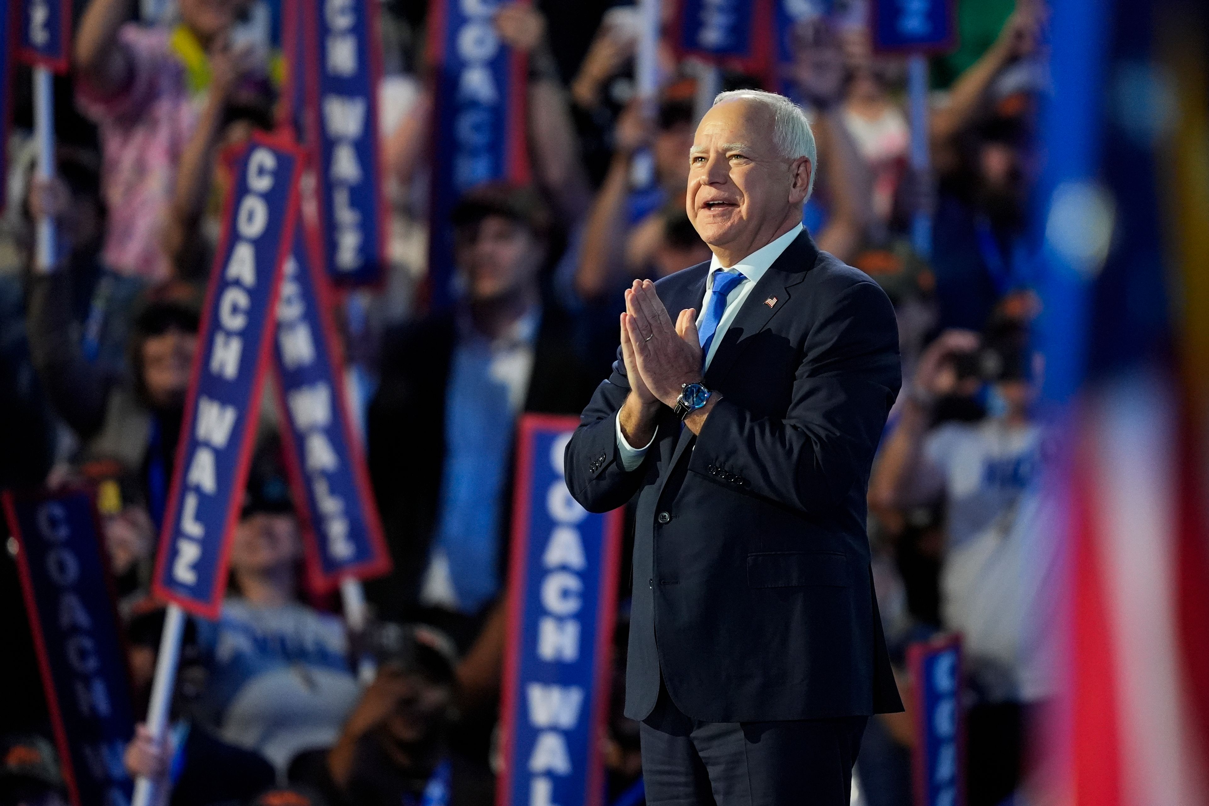 Democratic vice presidential nominee Minnesota Gov. Tim Walz speaks during the Democratic National Convention on Wednesday in Chicago.