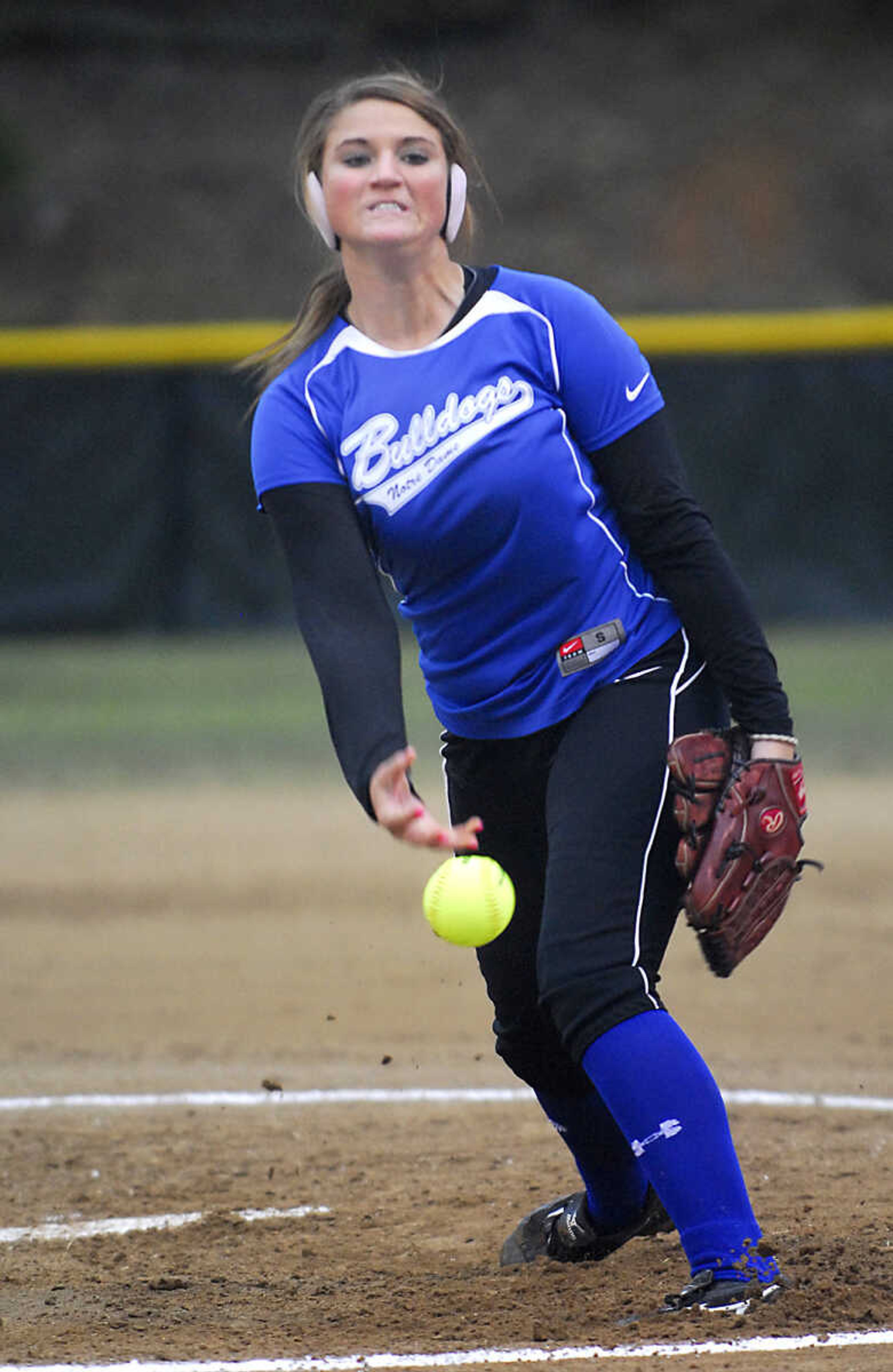 KIT DOYLE ~ kdoyle@semissourian.com
Notre Dame senior Lauren Reinagel delivers against DeSoto Thursday, October 15, 2009, in Poplar Bluff.