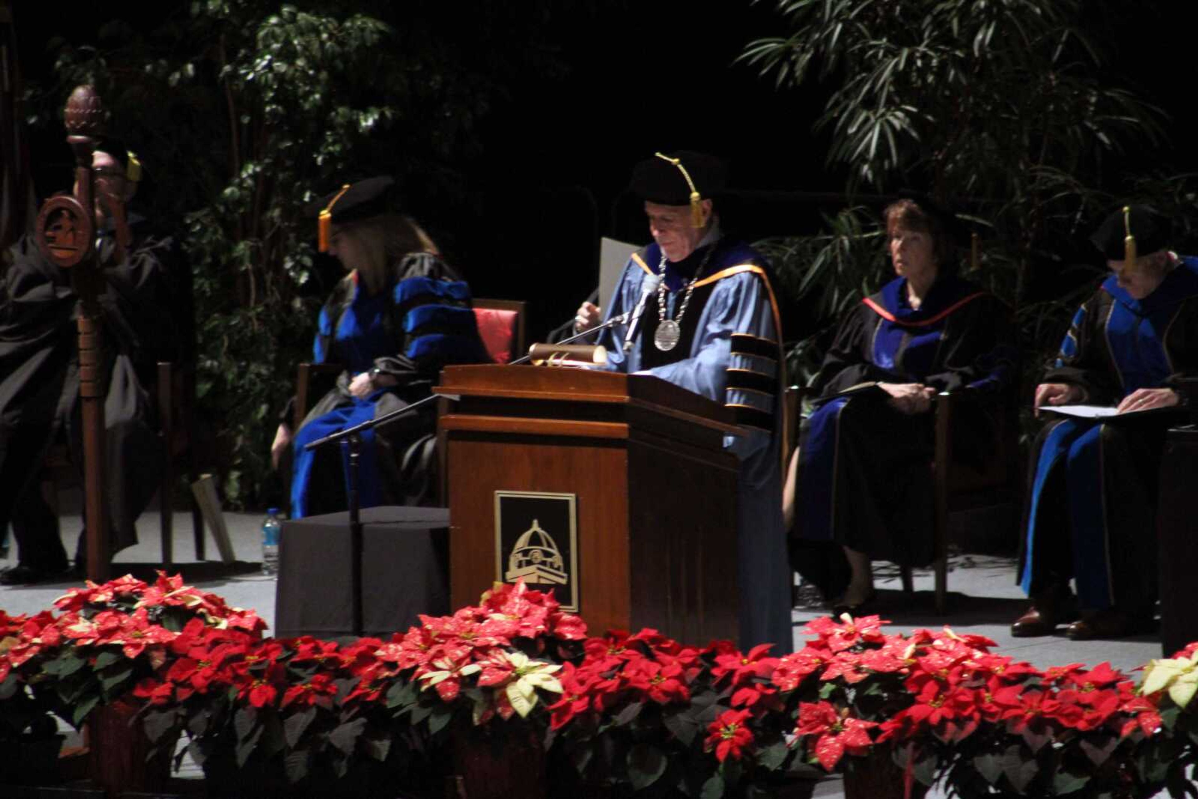 Southeast Missouri State University President Carlos Vargas speaks during SEMOвЂ™s afternoon Fall Commencement Ceremony Saturday, Dec. 18, 2021, at the Show Me Center in Cape Girardeau.