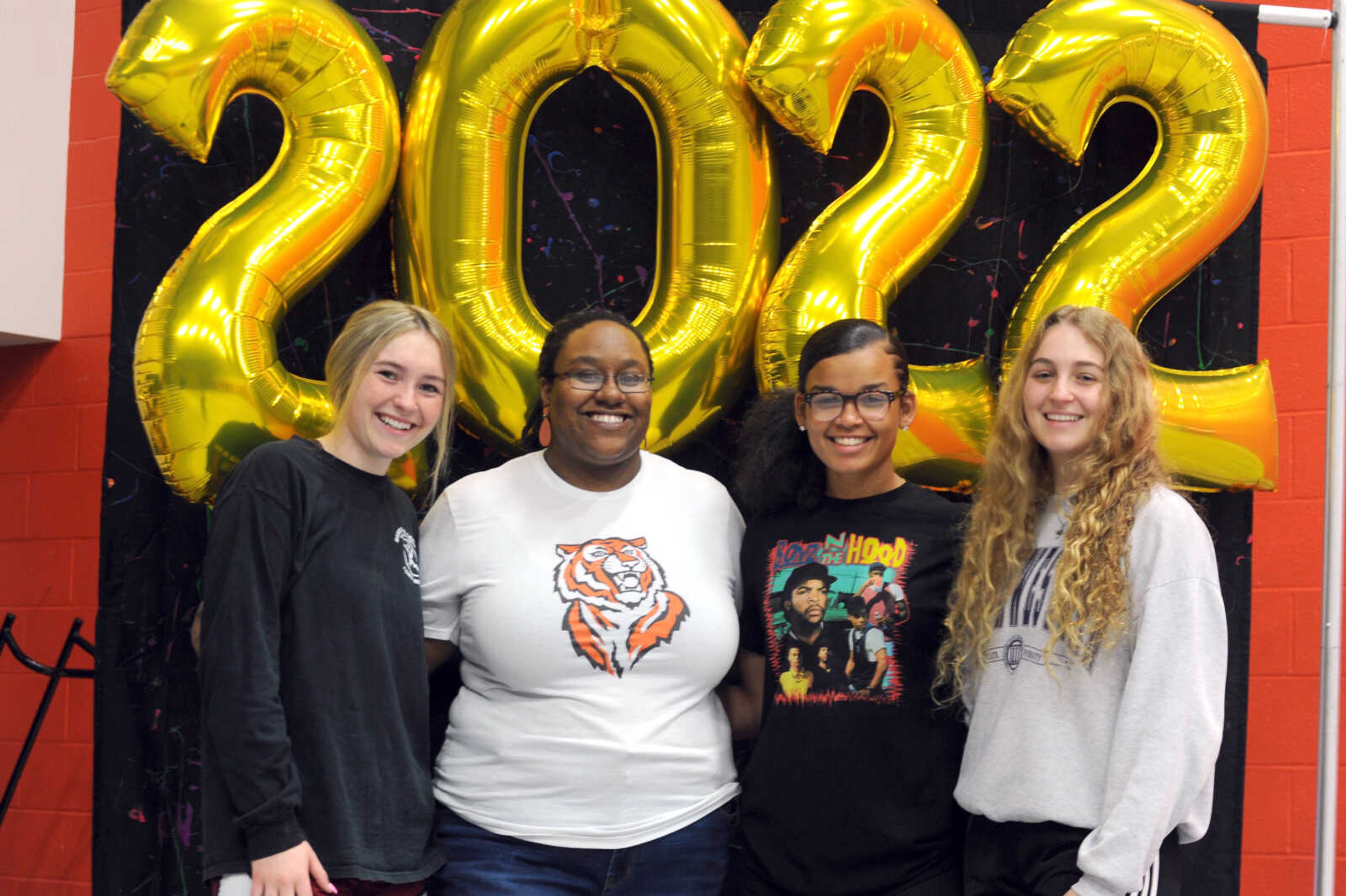 Cape Girardeau Central High School students, from left, Zoey Mayfield, Parris Nathan, Lamayah Mackins and Ava Nelson, attend the school’s Senior Decision Day on Friday.