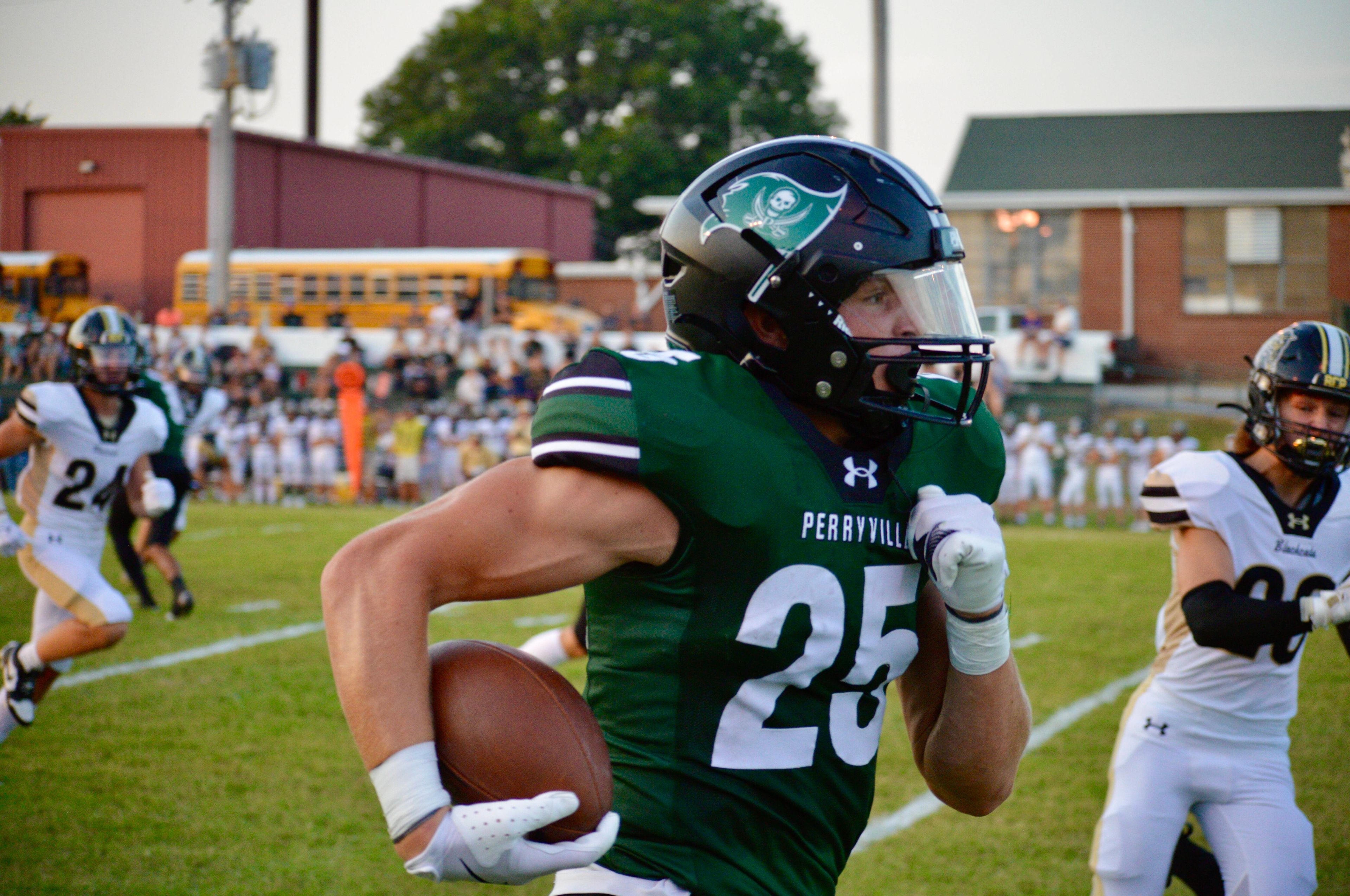 Perryville running back Drew Lueckel carries the ball during a touchdown run against Fredericktown on Thursday, Aug. 29, in Perryville, Mo. 