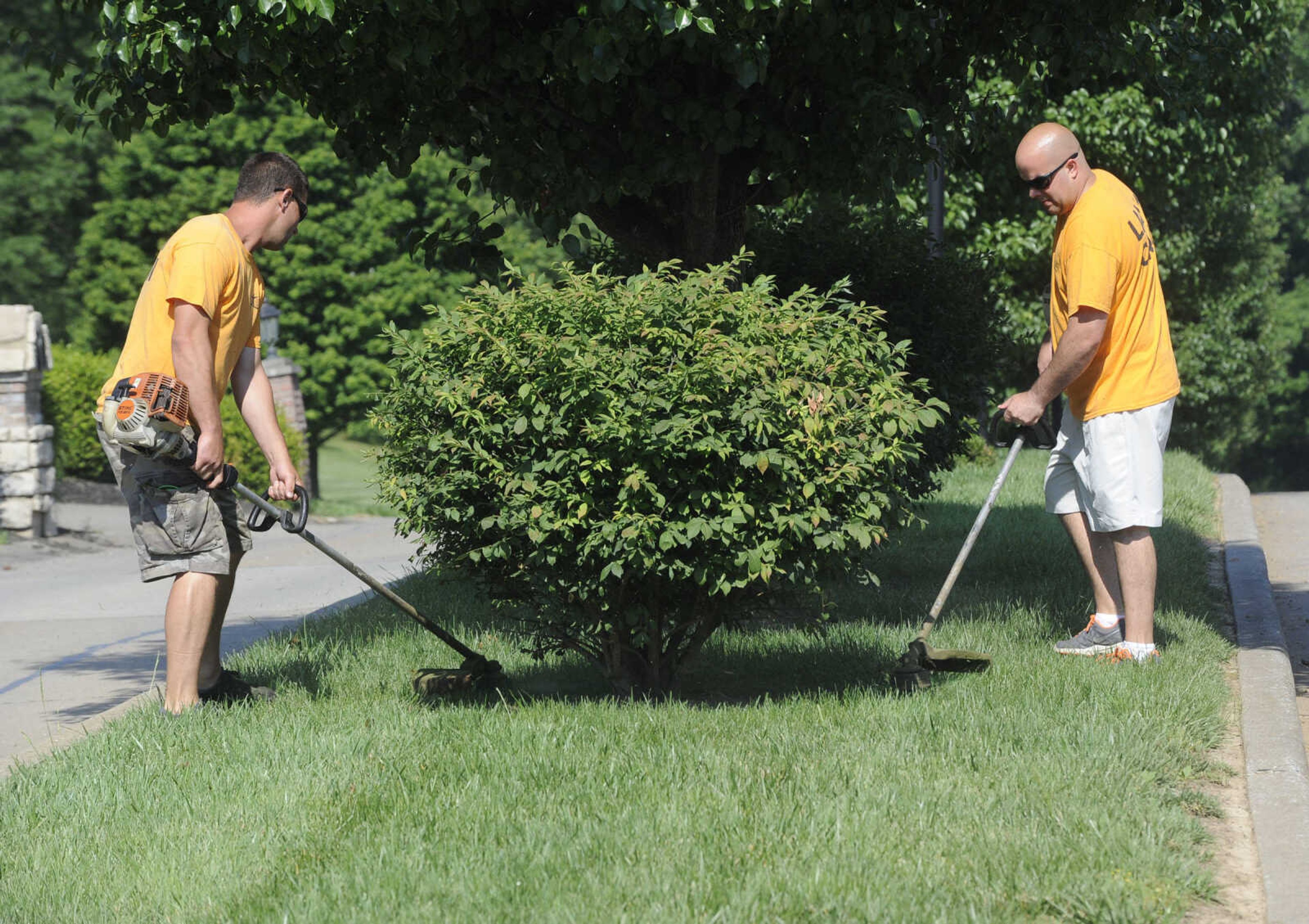 FRED LYNCH ~ flynch@semissourian.com
John Kennedy, left, and Curtis Sizemore trim around shrubbery Saturday, June 3, 2017 in Cape Girardeau.