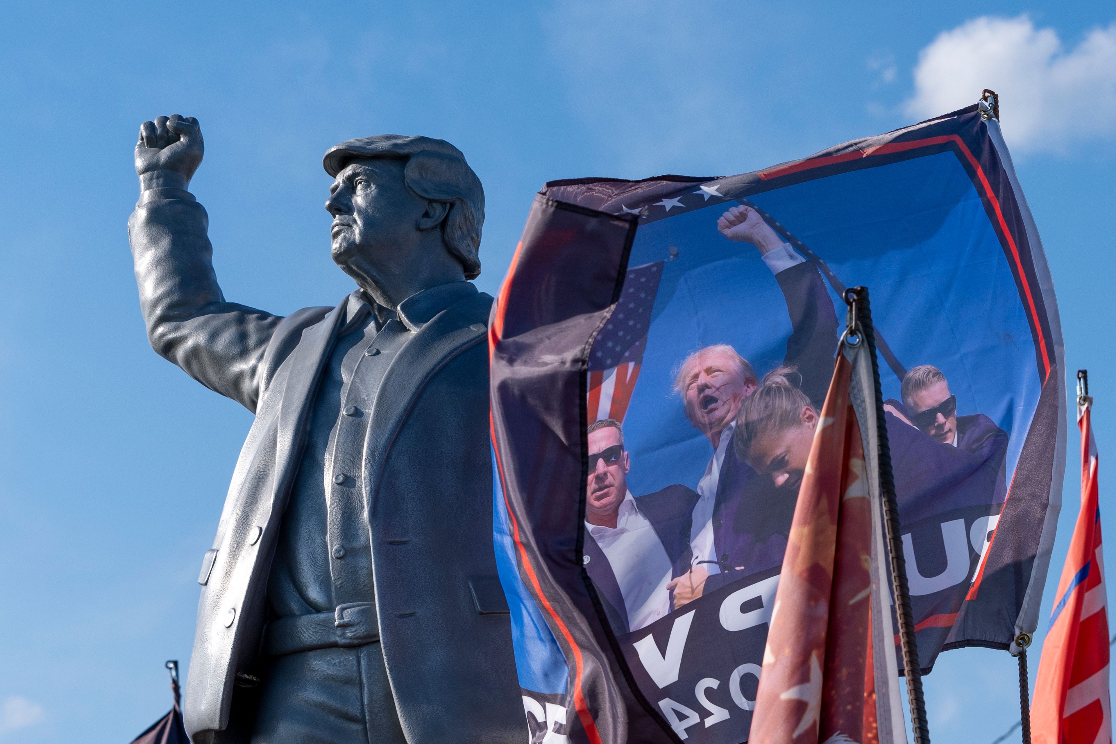 A statue of Republican presidential nominee former President Donald Trump is set up on a truck ahead of a campaign event at the Butler Farm Show, Friday, Oct. 4, 2024, in Butler, Pa. (AP Photo/Alex Brandon)