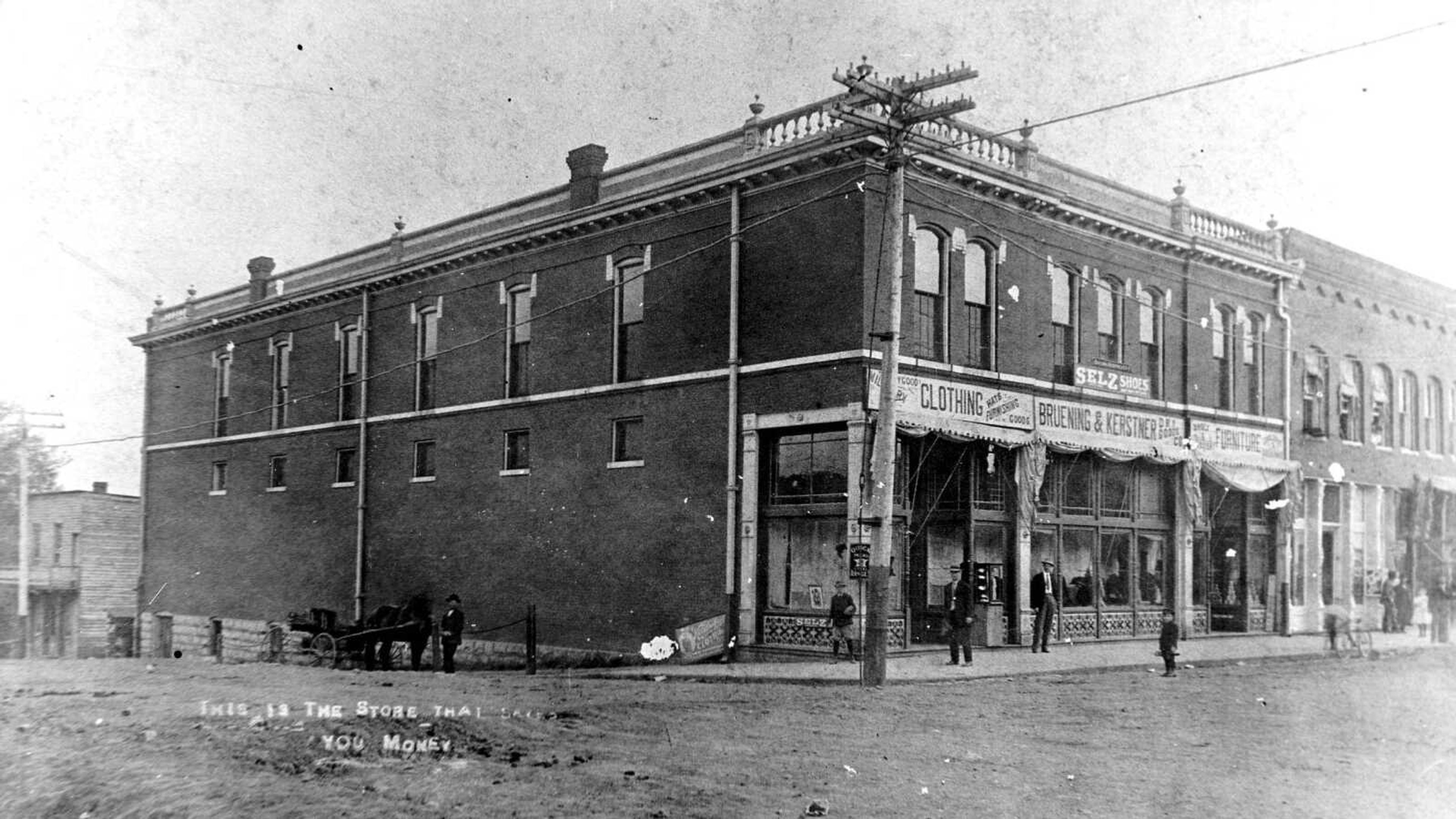 The Bruening and Kerstner Dry Goods Store, shown in this undated photograph at West Main and South High Streets (present-day Cape Girardeau County History Center) was established in 1896 in a smaller building on North High Street. William Bruening and Henry Kerstner founded the business, and Henry's son A.W. later took over as president. When William Bruening died in 1952, businesses across Jackson closed in honor of his memory and illustrious career. Photos like this one can be accessed at the Cape Girardeau County Archives Center. 