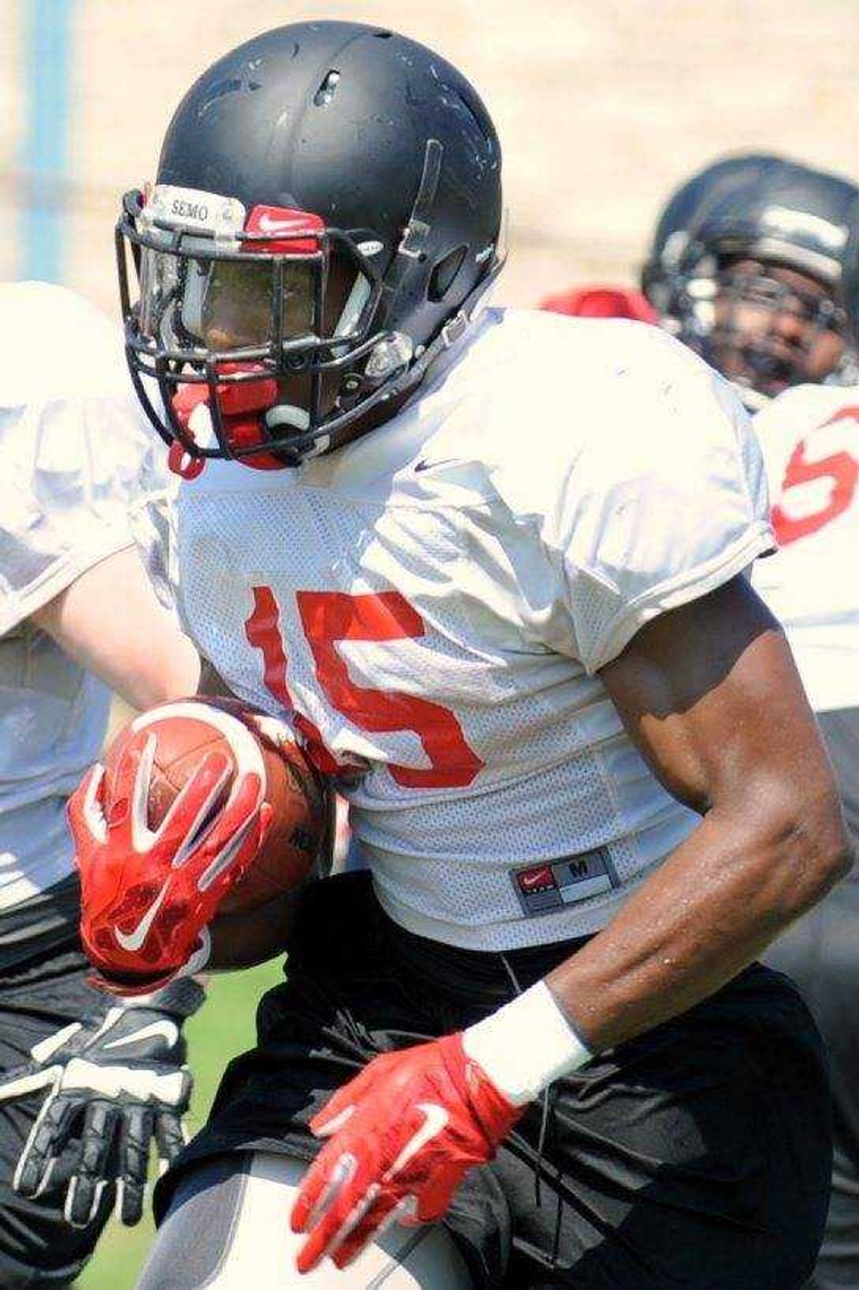 Southeast Missouri State's Cameron Sanders carries the ball during practice earlier this month at the Rosengarten Athletic Complex.