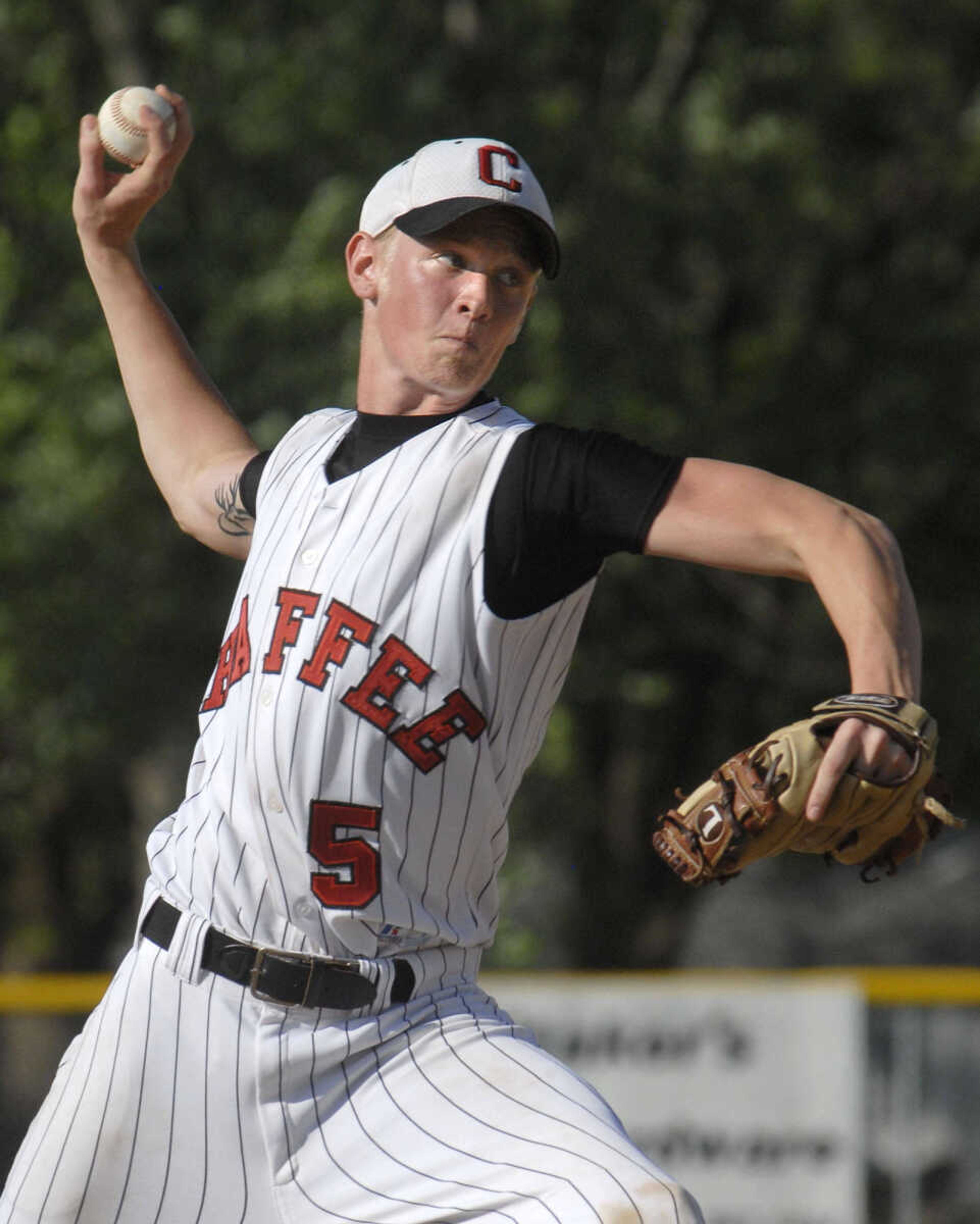 Chaffee pitcher Trenton Horman delivers to a Saxony Lutheran batter Thursday at Chaffee.