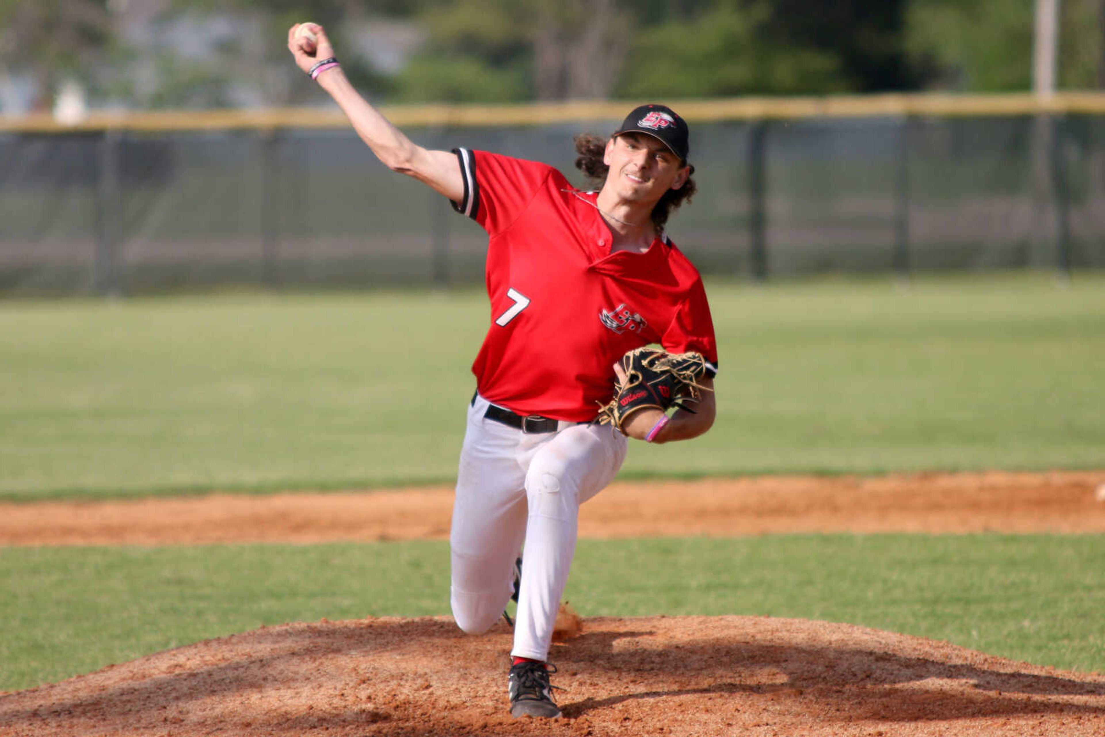 East Prairie's Noah Johnson (7) throws a pitch during a 4-2 win over Caruthersville in the MSHSAA Class 3, District 1 Championship at Malden on Wednesday, May 17, 2024.