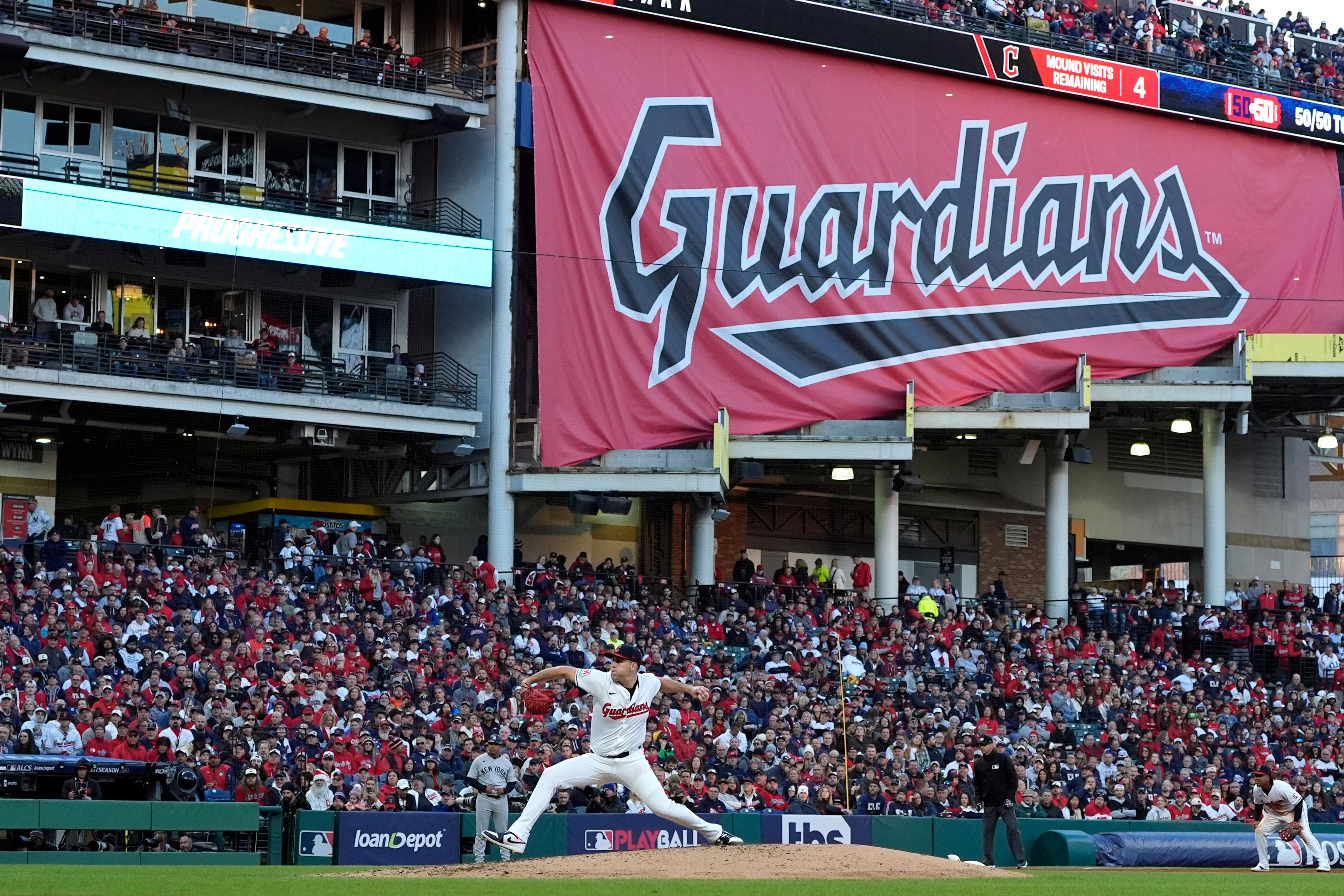 Cleveland Guardians starting pitcher Matthew Boyd throws against the New York Yankees during the fourth inning in Game 3 of the baseball AL Championship Series Thursday, Oct. 17, 2024, in Cleveland.(AP Photo/Godofredo Vásquez )