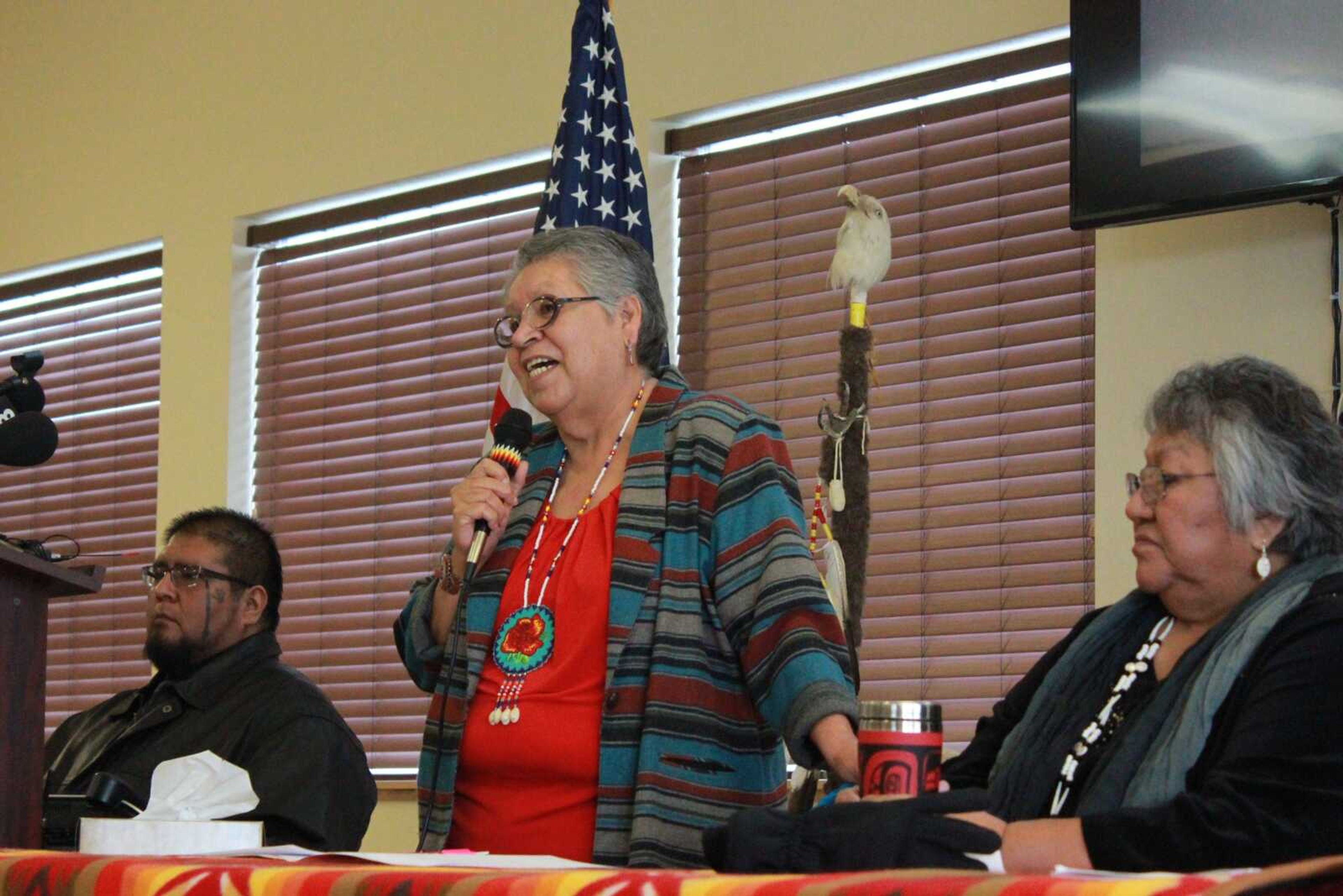 Burns Paiute tribe chairwoman Charlotte Rodrique talks during a news conference in response to the armed occupation of the nearby Malheur National Wildlife Refuge in Burns, Oregon. (Manuel Valdes ~ Associated Press)