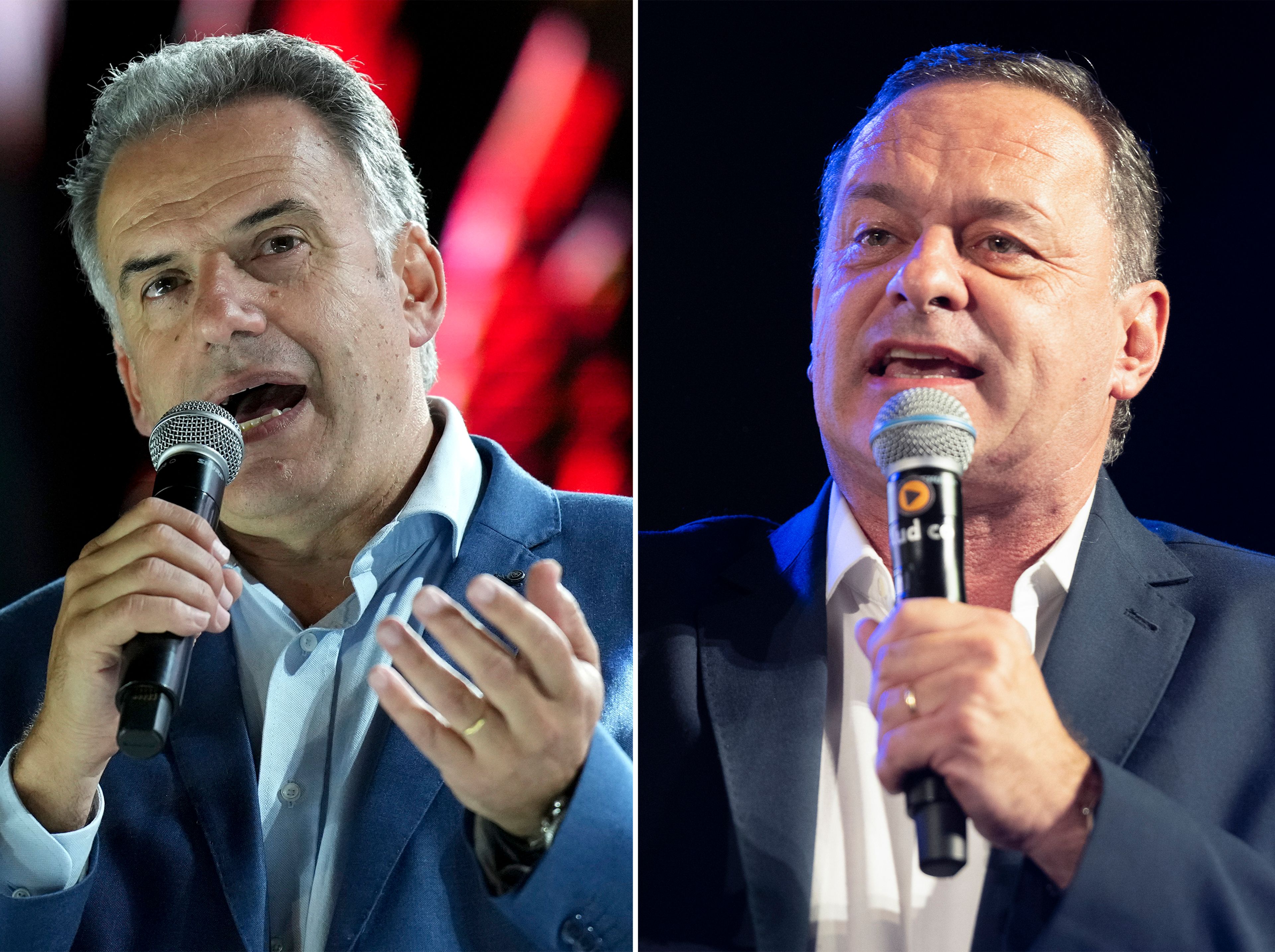 FILE - This photo combo shows presidential frontrunner Yamandu Orsi, left, of the Broad Front coalition, on Oct. 22, 2024, and opponent, National Party candidate Alvaro Delgado, on Nov. 20, 2024, both in Montevideo, Uruguay. (AP Photo Matilde Campodonico, left; and AP Photo Santiago Mazzarovich, File)