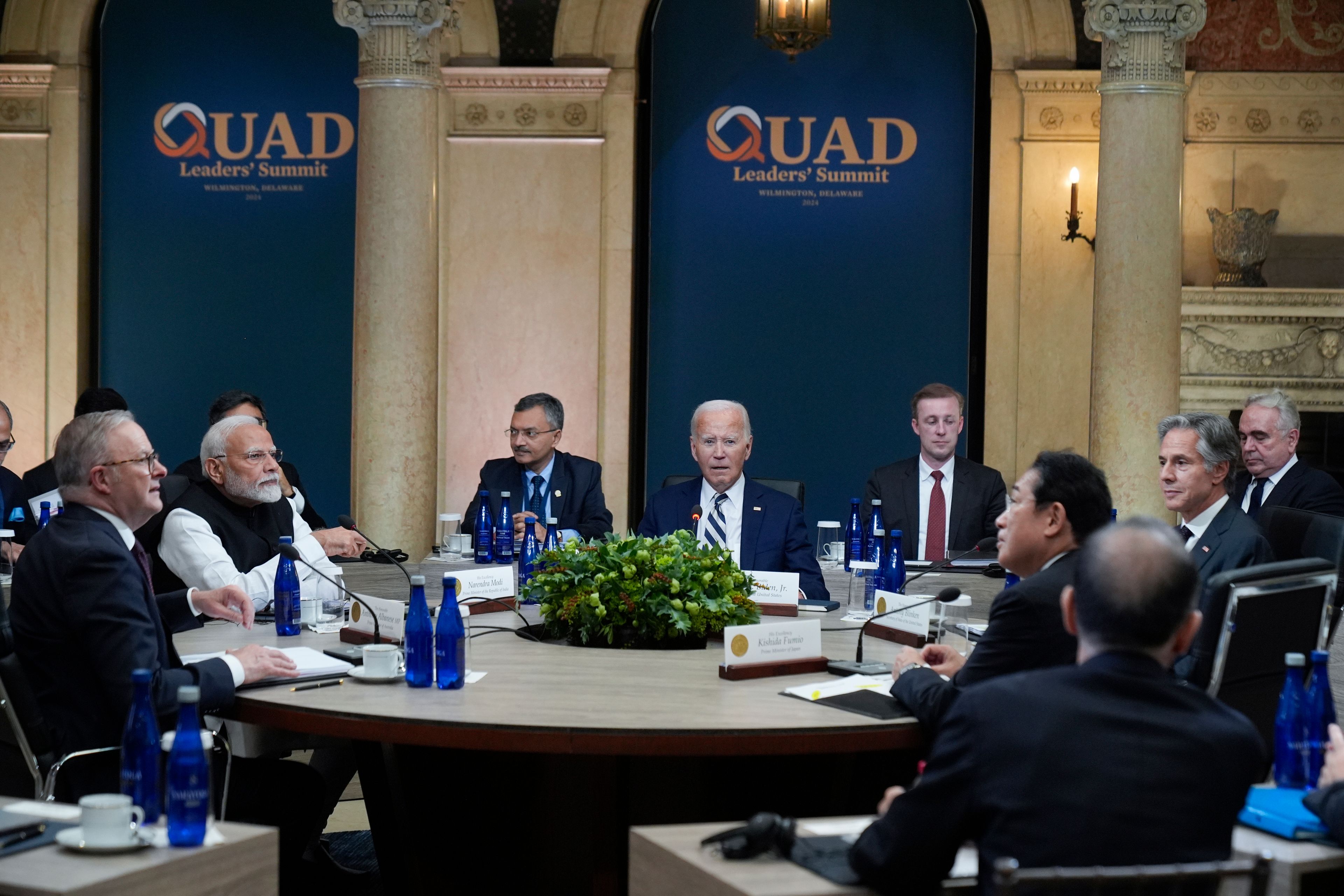 President Joe Biden meets with from left, Australia's Prime Minister Anthony Albanese, India's Prime Minister Narendra Modi, Secretary of State Antony Blinken and Japan's Prime Minister Fumio Kishida, at the Quad leaders summit at Archmere Academy in Claymont, Del., Saturday, Sept. 21, 2024. (AP Photo/Mark Schiefelbein)