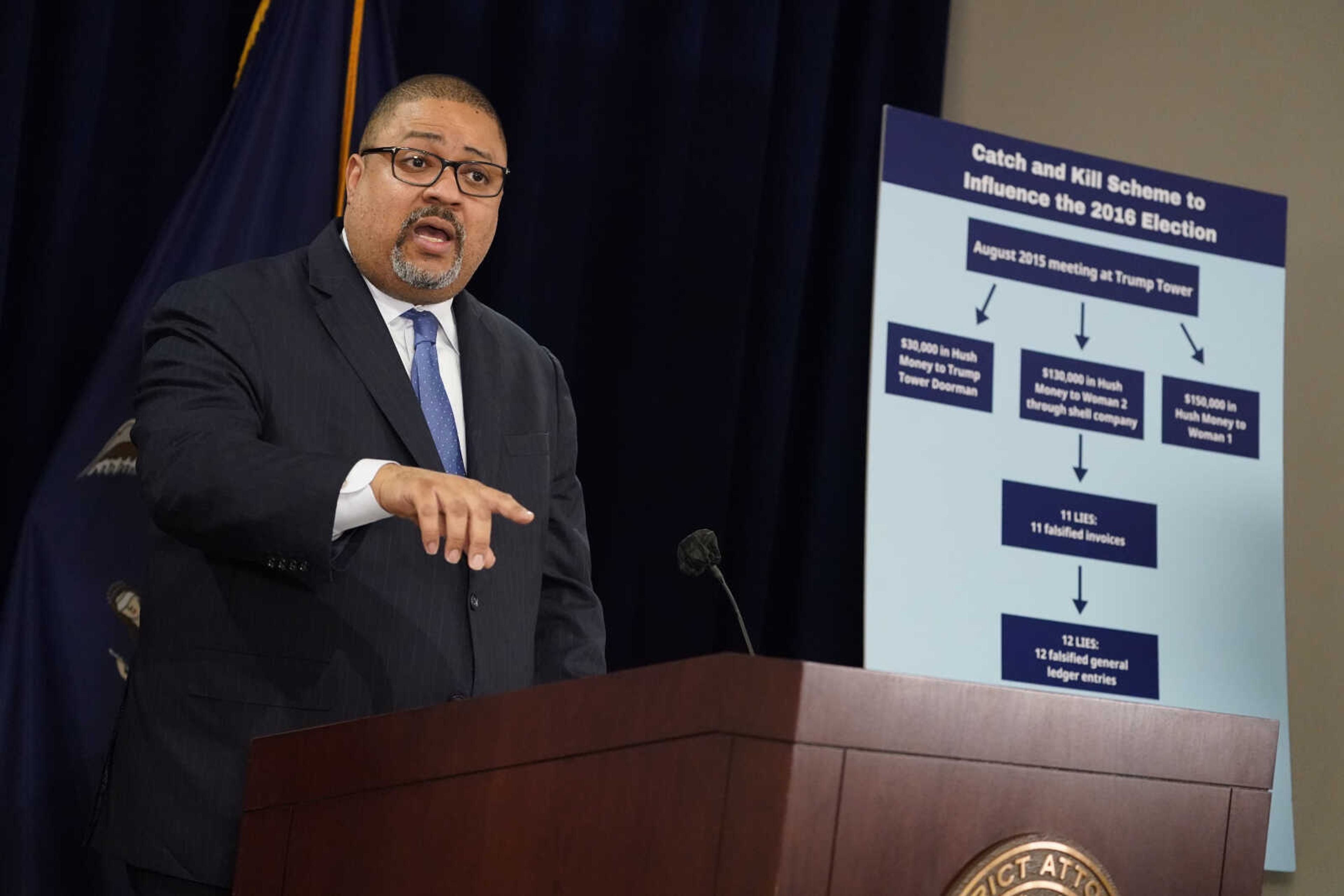 Manhattan District Attorney Alvin Bragg speaks at a news conference after the arraignment of former President Donald Trump on April 4 in New York.