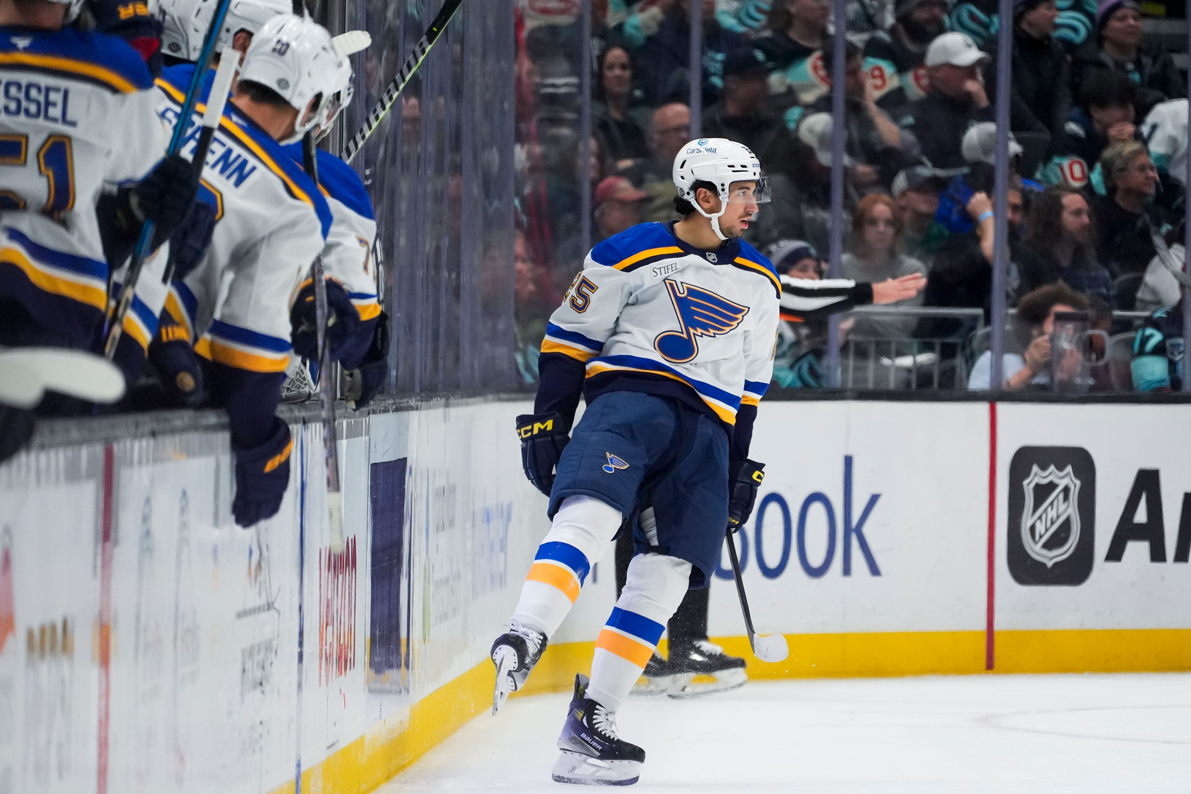 St. Louis Blues center Jordan Kyrou celebrates his goal against the Seattle Kraken during the second period of an NHL hockey game Tuesday, Oct. 8, 2024, in Seattle. (AP Photo/Lindsey Wasson)