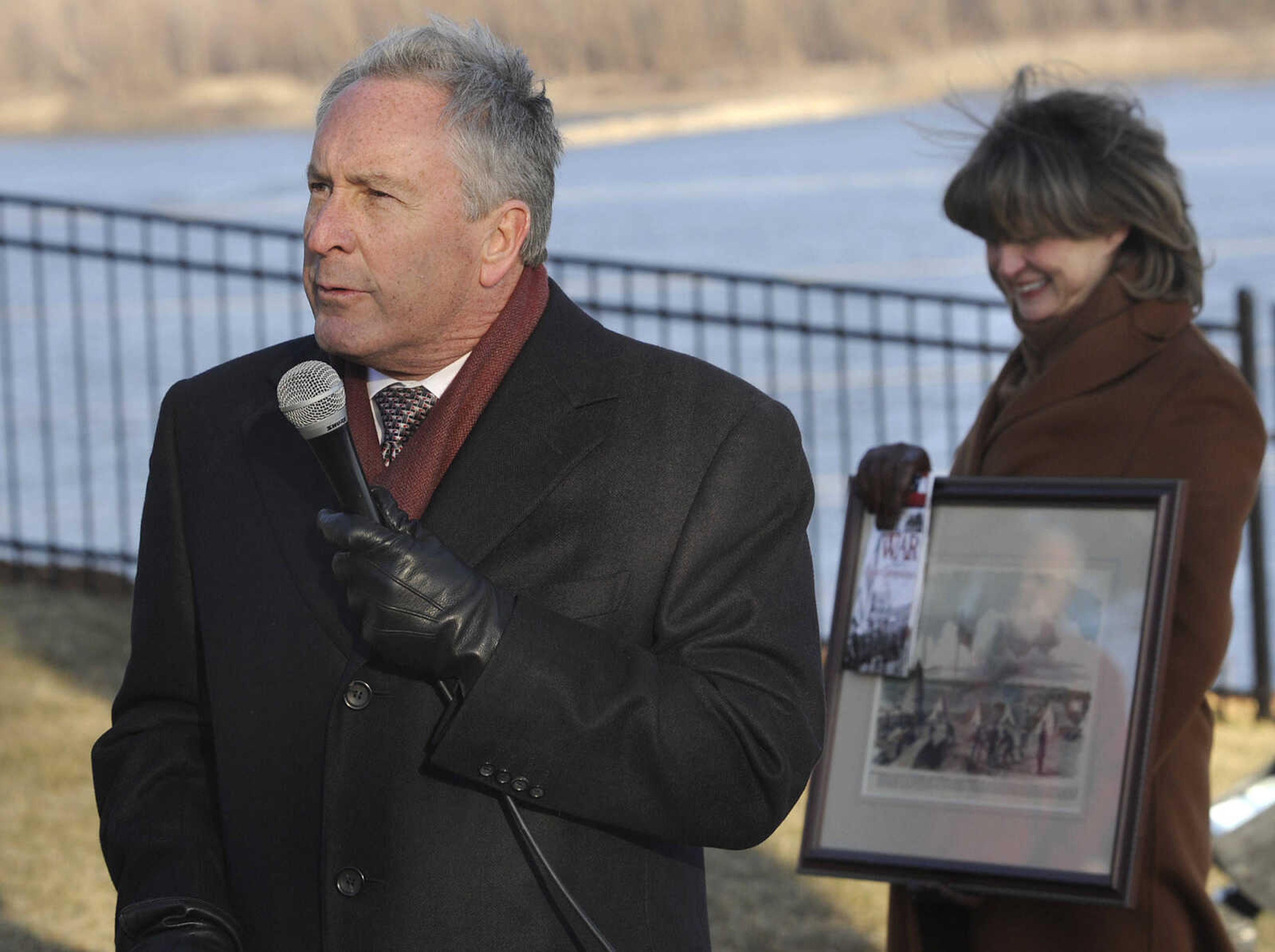 U.S. District Judge Stephen N. Limbaugh Jr. and his wife, Marsha Limbaugh, address the crowd  at the scenic Fort A site Friday, Feb. 13, 2015 in Cape Girardeau.