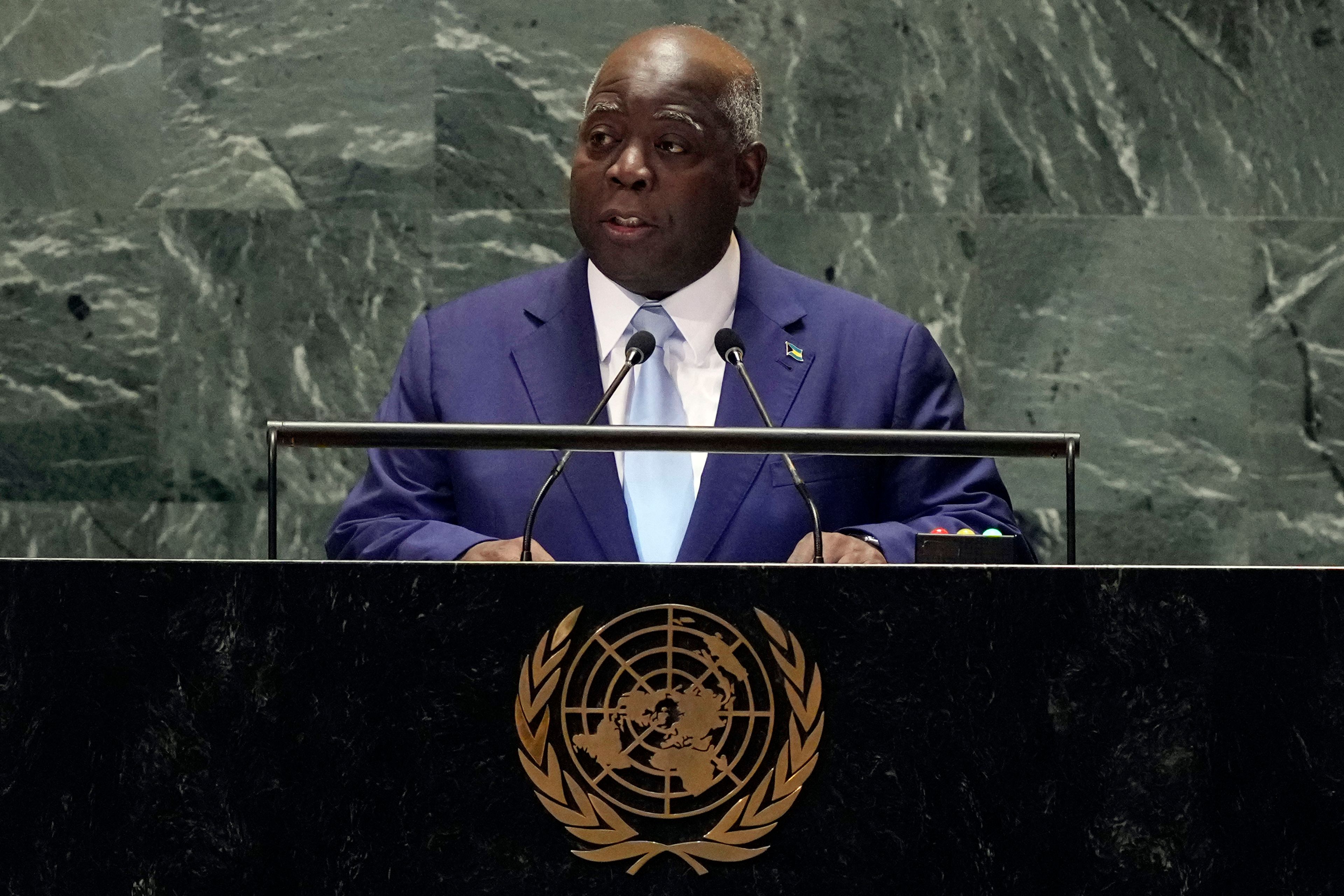 Bahamas Prime Minister Philip Edward Davis addresses the 79th session of the United Nations General Assembly, Friday, Sept. 27, 2024. (AP Photo/Richard Drew)