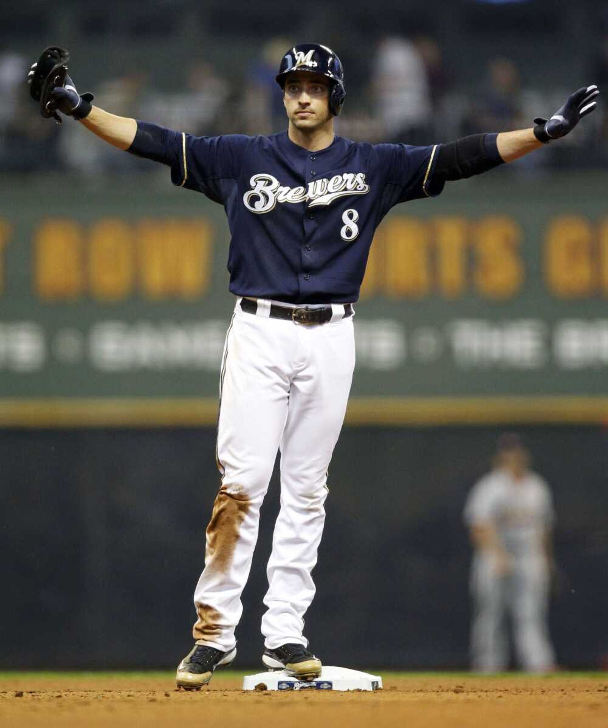 Brewers outfielder Ryan Braun asks for time after hitting a double against the Cardinals during the eighth inning Saturday.