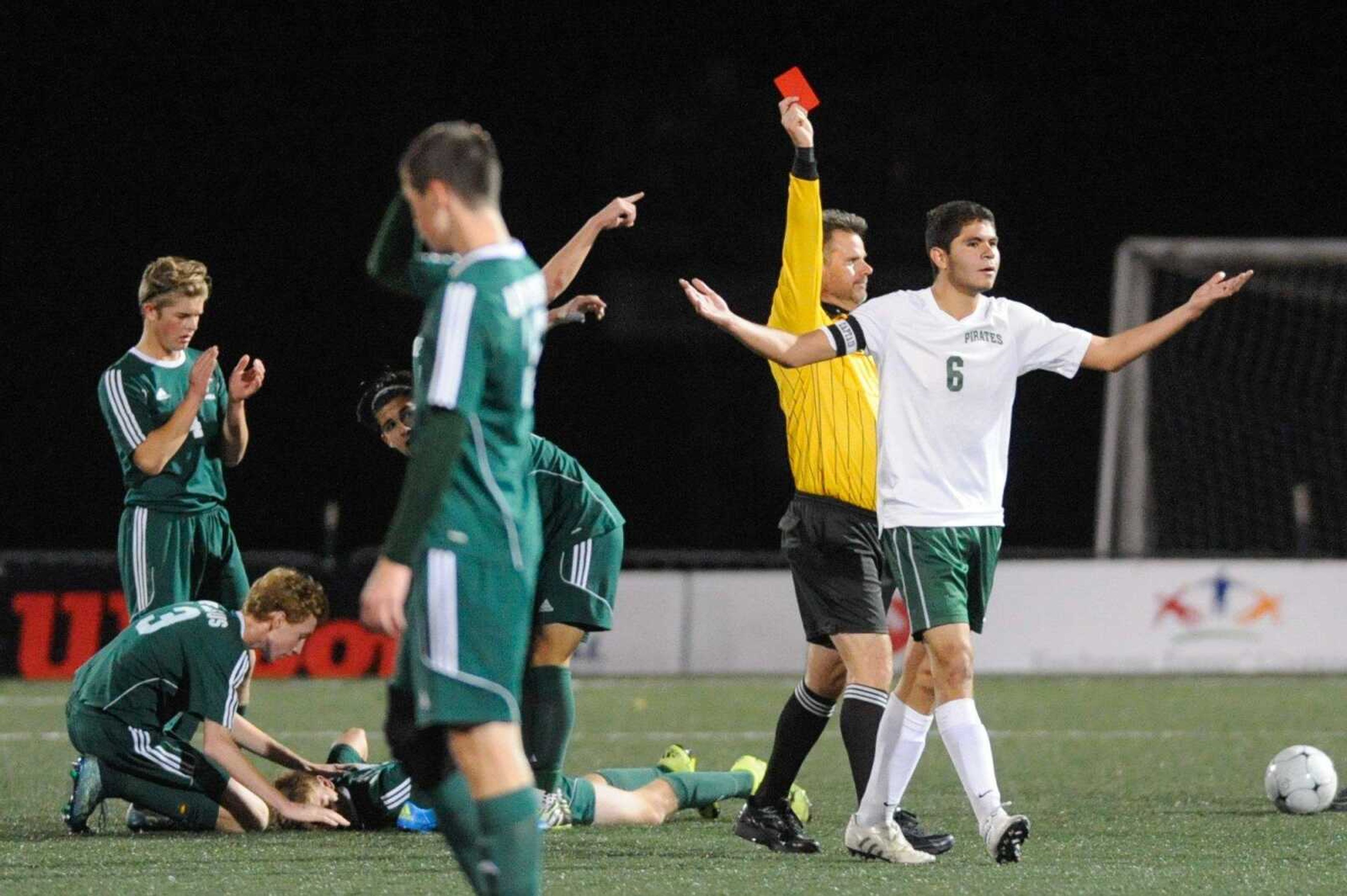 Perryville's Pablo Mattingly leaves the field after receiving a red card, benching him for the rest of the Class 2 championship against O Hara Saturday, Nov. 7, 2015 in Fenton, Missouri. (Glenn Landberg)