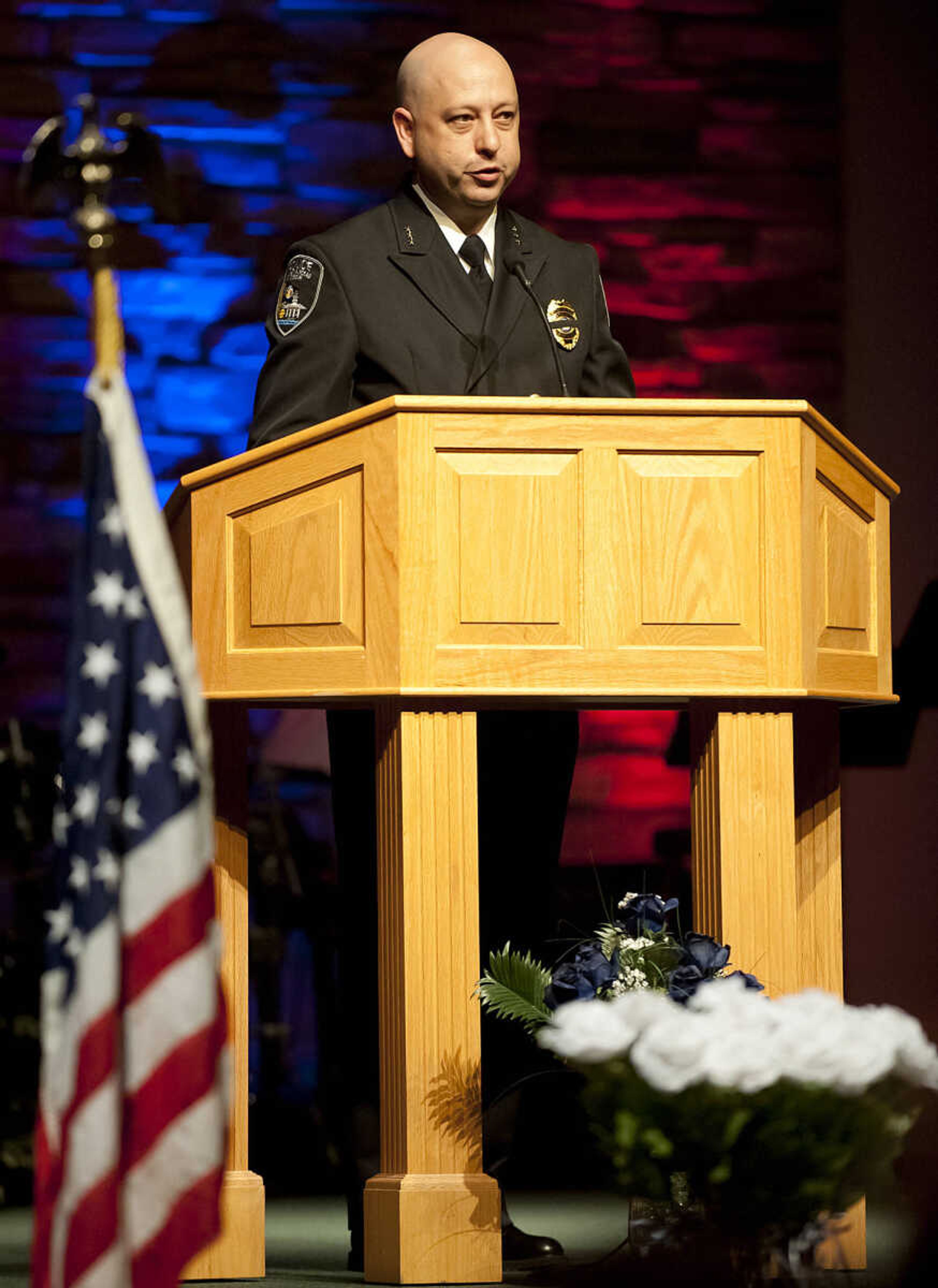 Cape Girardeau police chief Wes Blair speaks during the Senior and Lawmen Together Law Enforcement Memorial Friday, May 9, at the Cape Bible Chapel. The annual memorial honored the 48 Southeast Missouri law enforcement officers that have died in the line of duty since 1875.