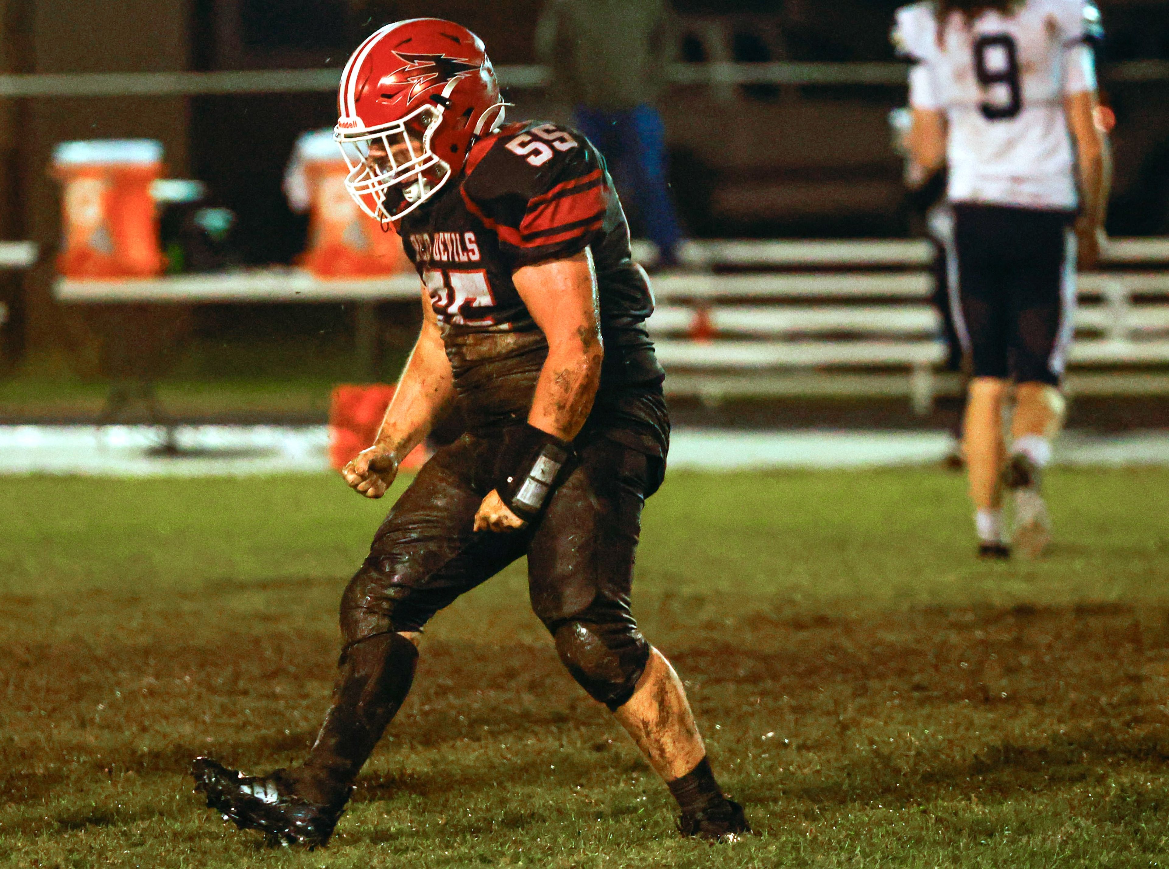 Chaffee Lineman, Eli Nix, celebrates a successful fumble recovery covered in mud at Chaffee High School on Friday, September 27th.