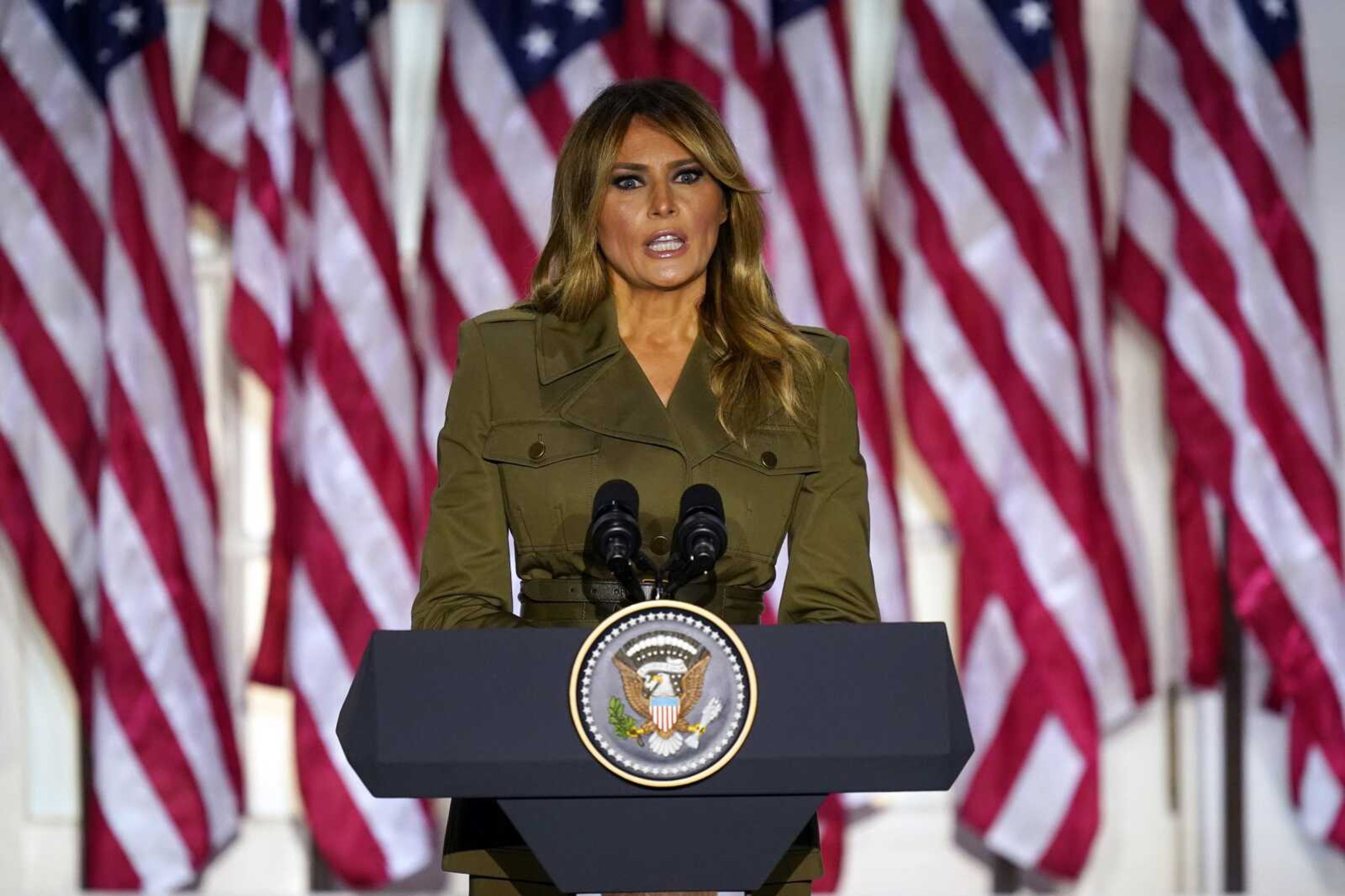 First lady Melania Trump speaks on the second day of the Republican National Convention on Tuesday from the Rose Garden of the White House in Washington.