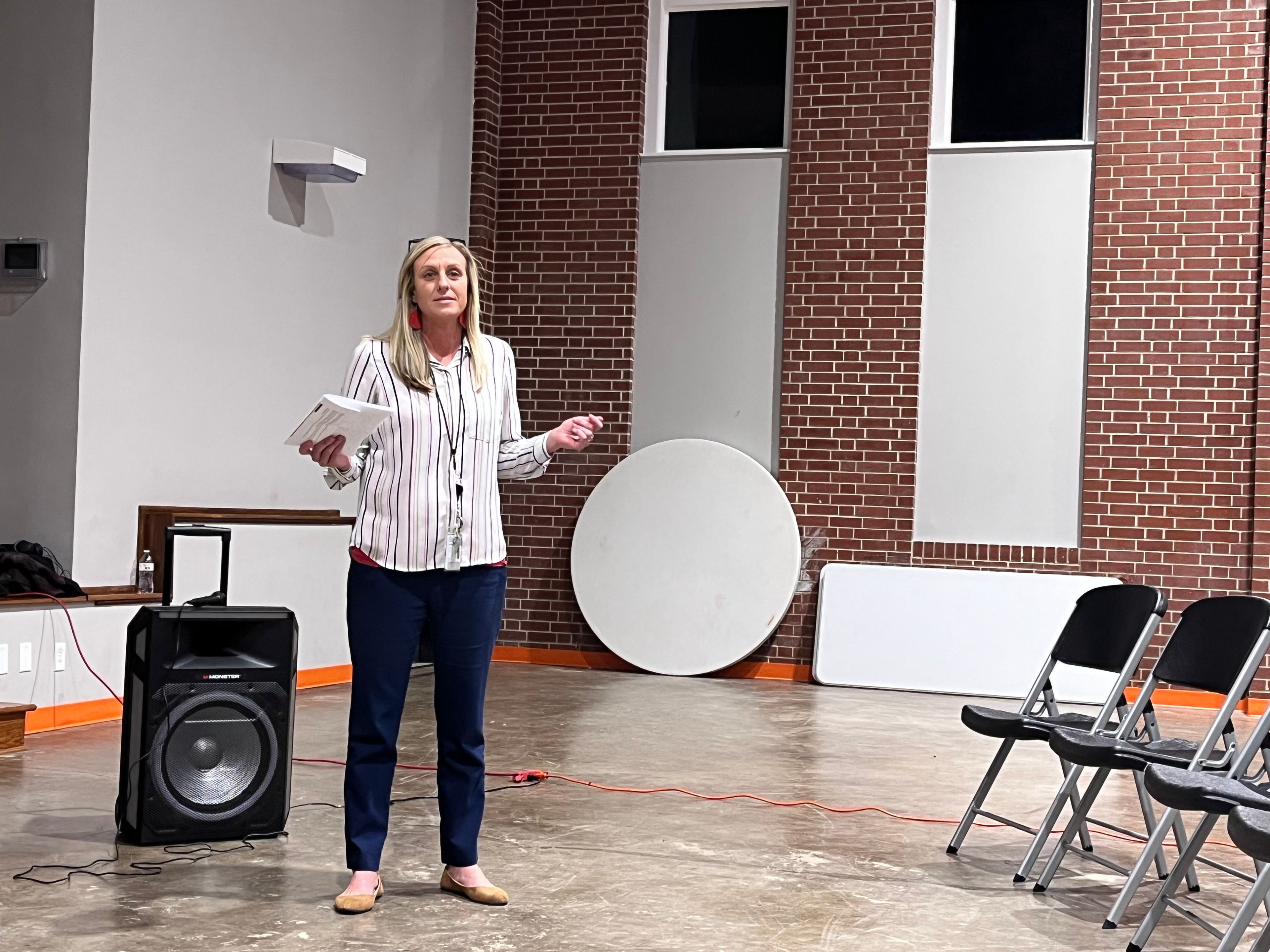 Cape Central Academy director Andrea Beggs speaks during the ribbon cutting ceremony on Tuesday, Dec. 3, at Cape Central Academy. 