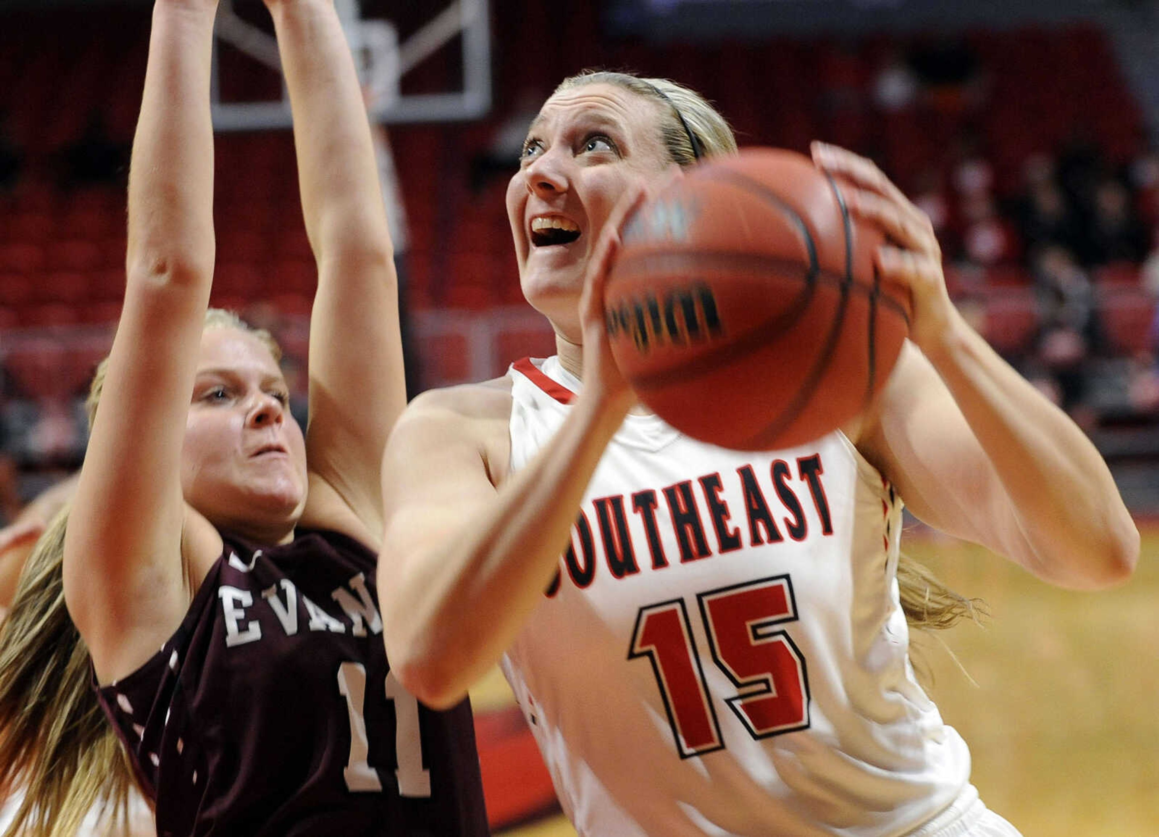 FRED LYNCH ~ flynch@semissourian.com
Southeast Missouri State's Kaley Leyhue drives to the basket as Evangel's Kylee Moore defends during the second quarter Friday, Nov. 24, 2017 at the Show Me Center.