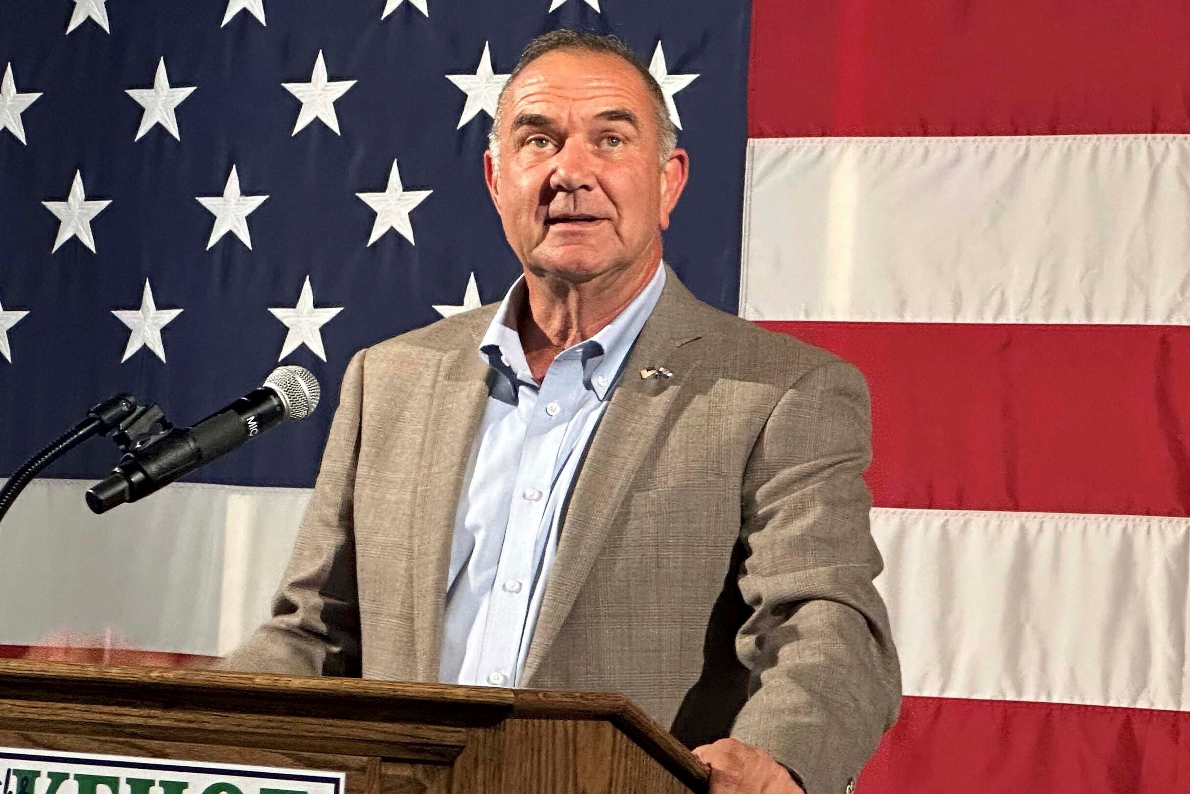 Missouri Lt. Gov. Mike Kehoe talks to supporters after winning the Republican primary for governor on Tuesday, Aug. 6, 2024, in Jefferson City, Mo. (AP Photo/David A. Lieb)